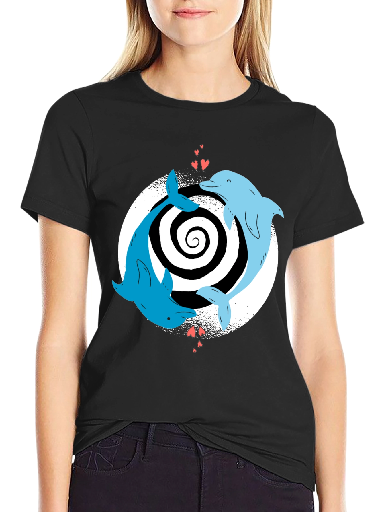 Dolphin Love Yin Yang T-Shirt - Black Casual Tee