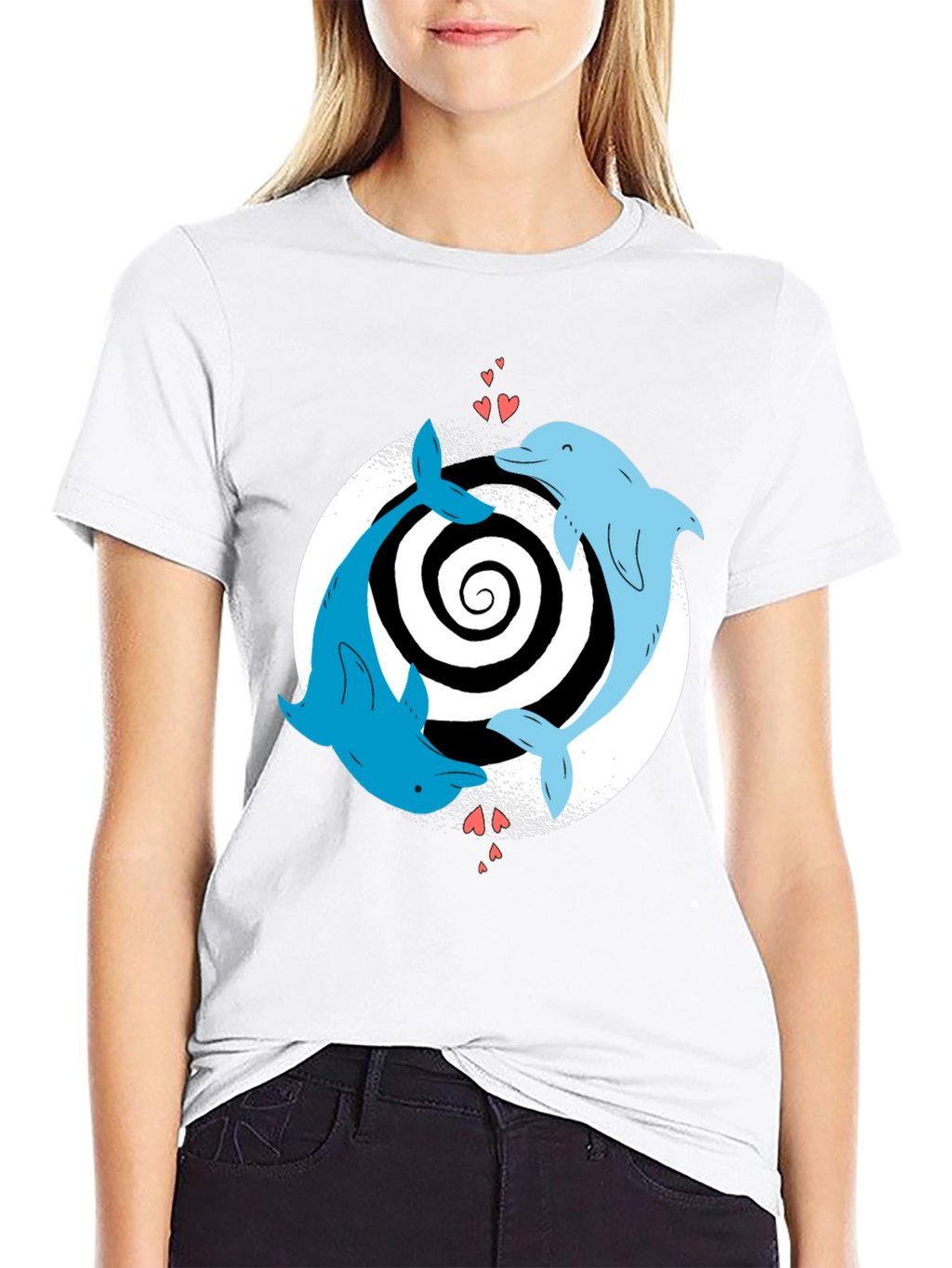 Dolphin Love Yin Yang T-Shirt - Black Casual Tee