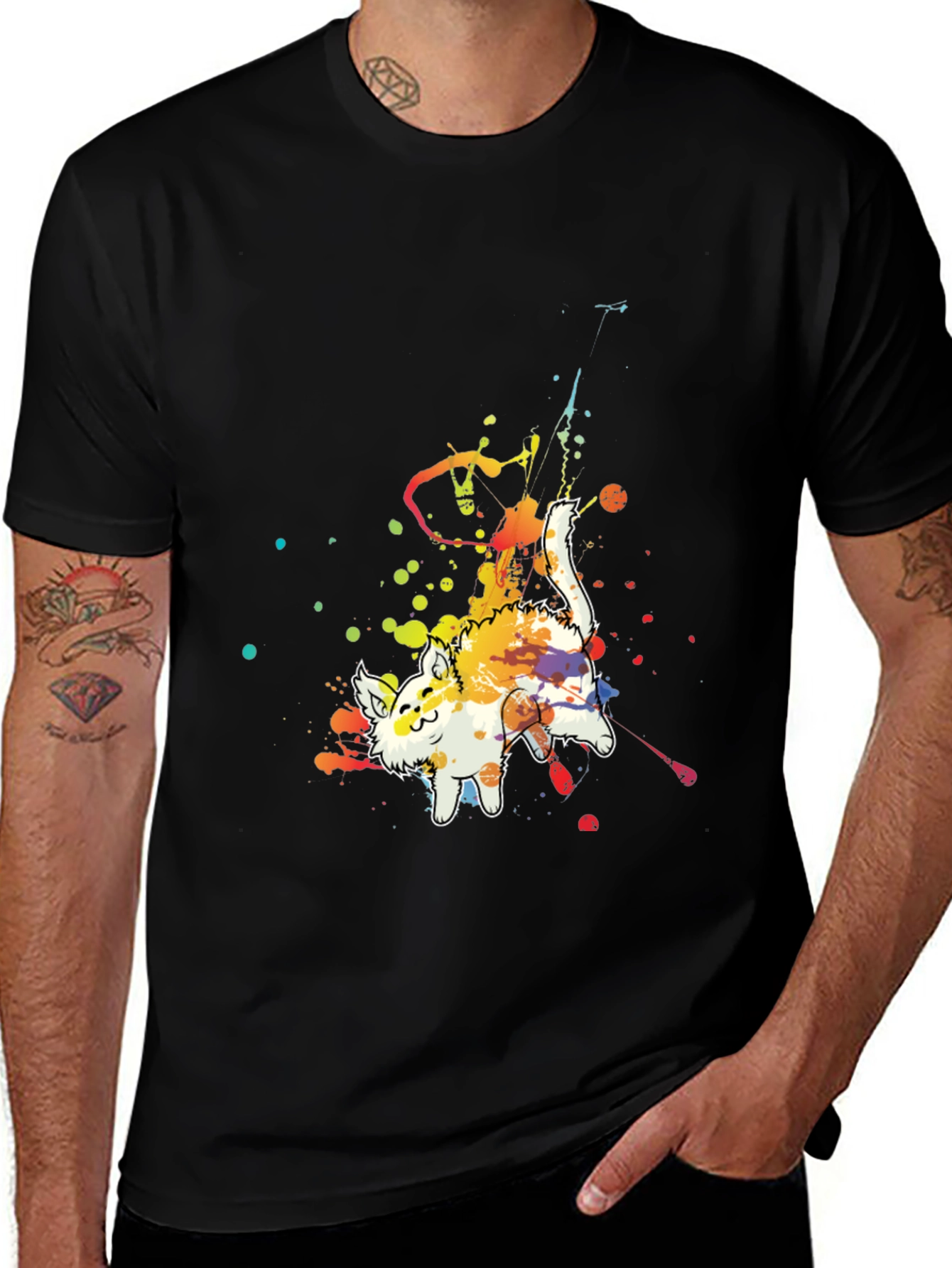 Mens Black T-Shirt with Colorful Cat Graphic