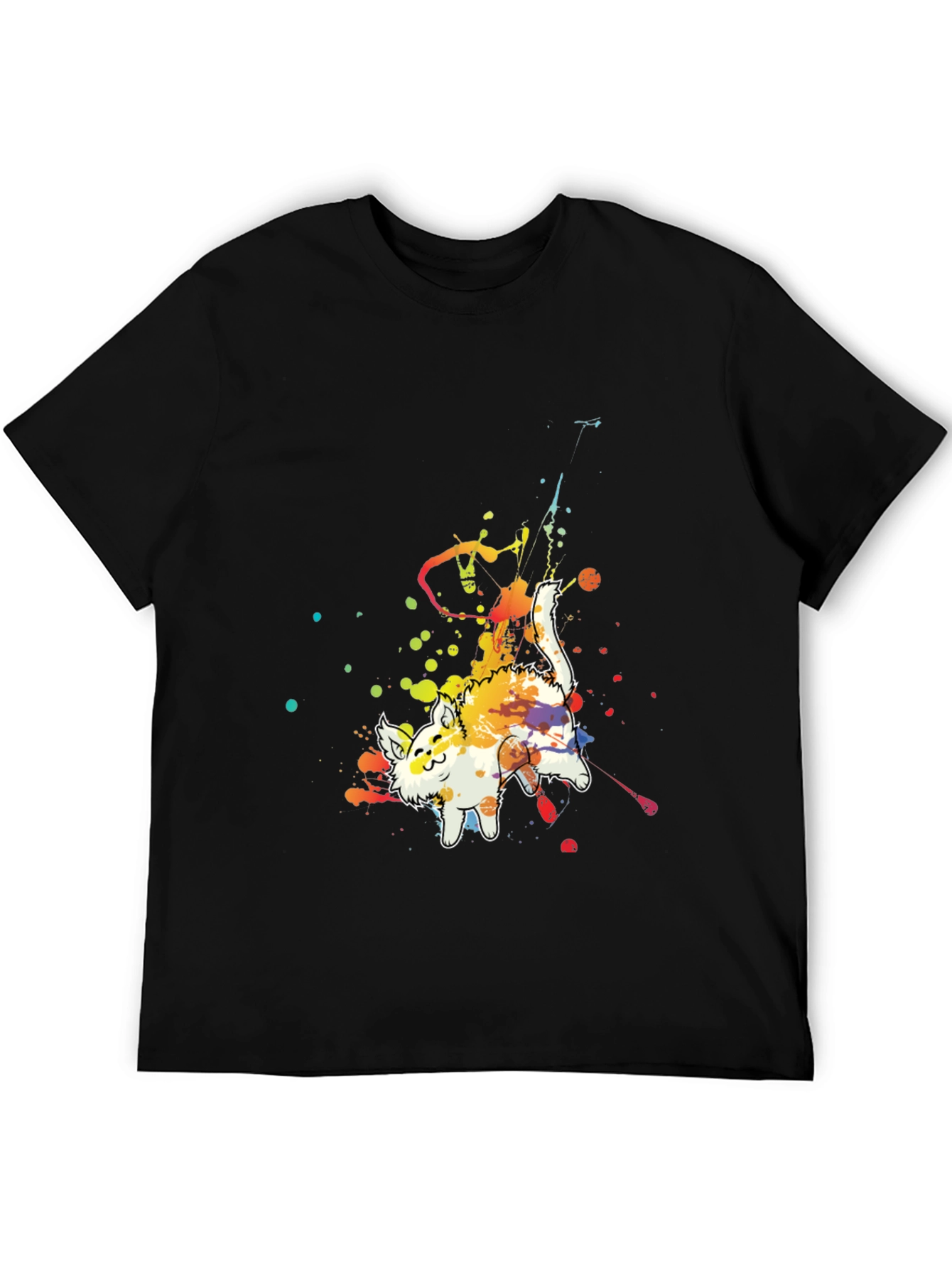 Mens Black T-Shirt with Colorful Cat Graphic