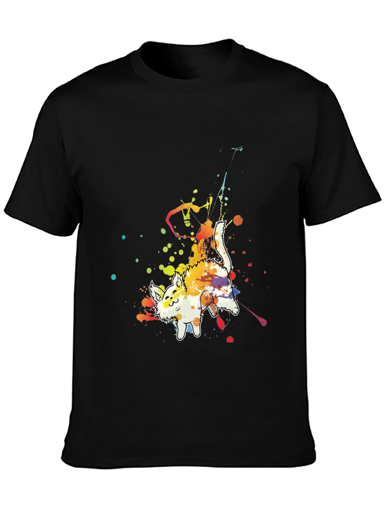 Mens Black T-Shirt with Colorful Cat Graphic