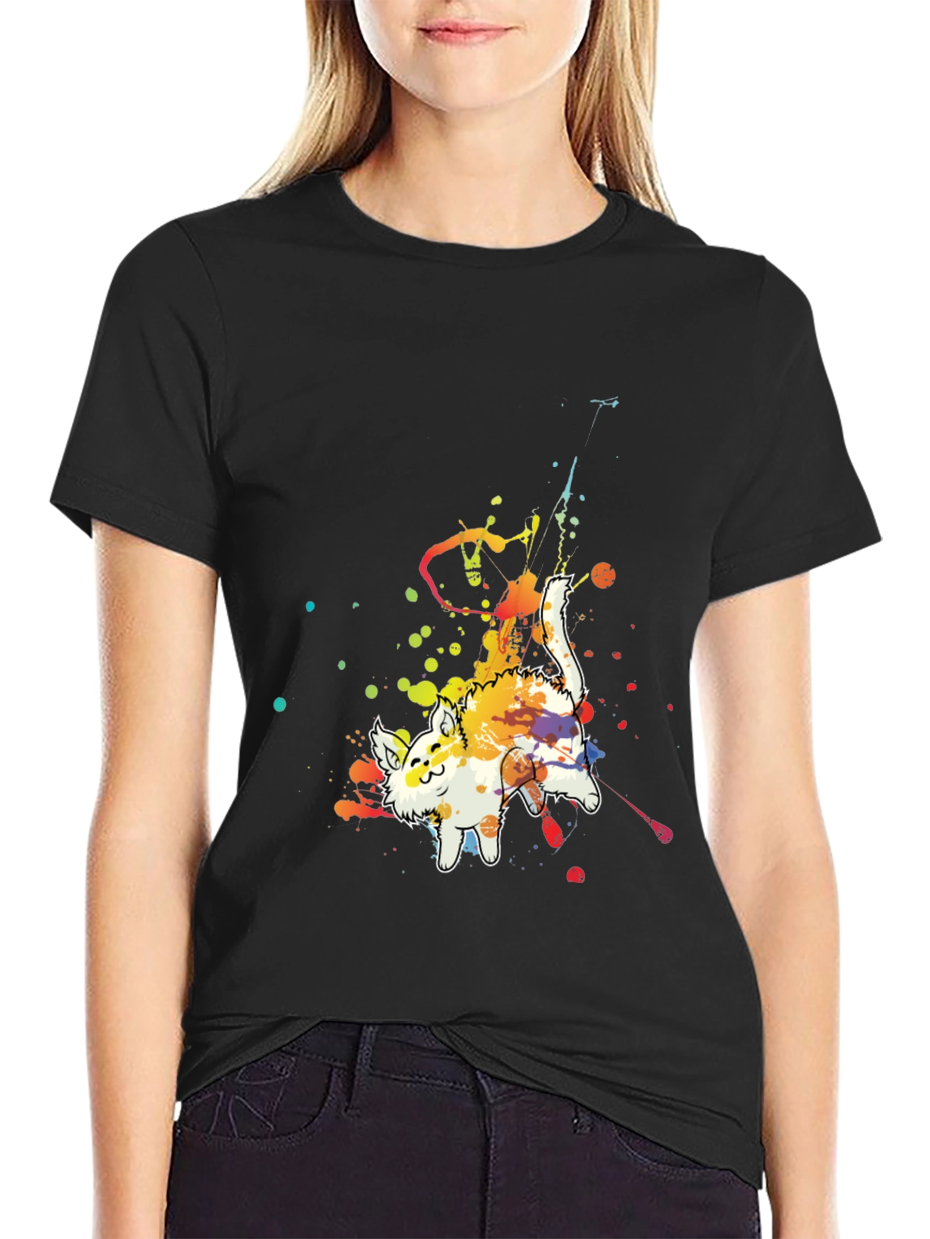 Mens Black T-Shirt with Colorful Cat Graphic