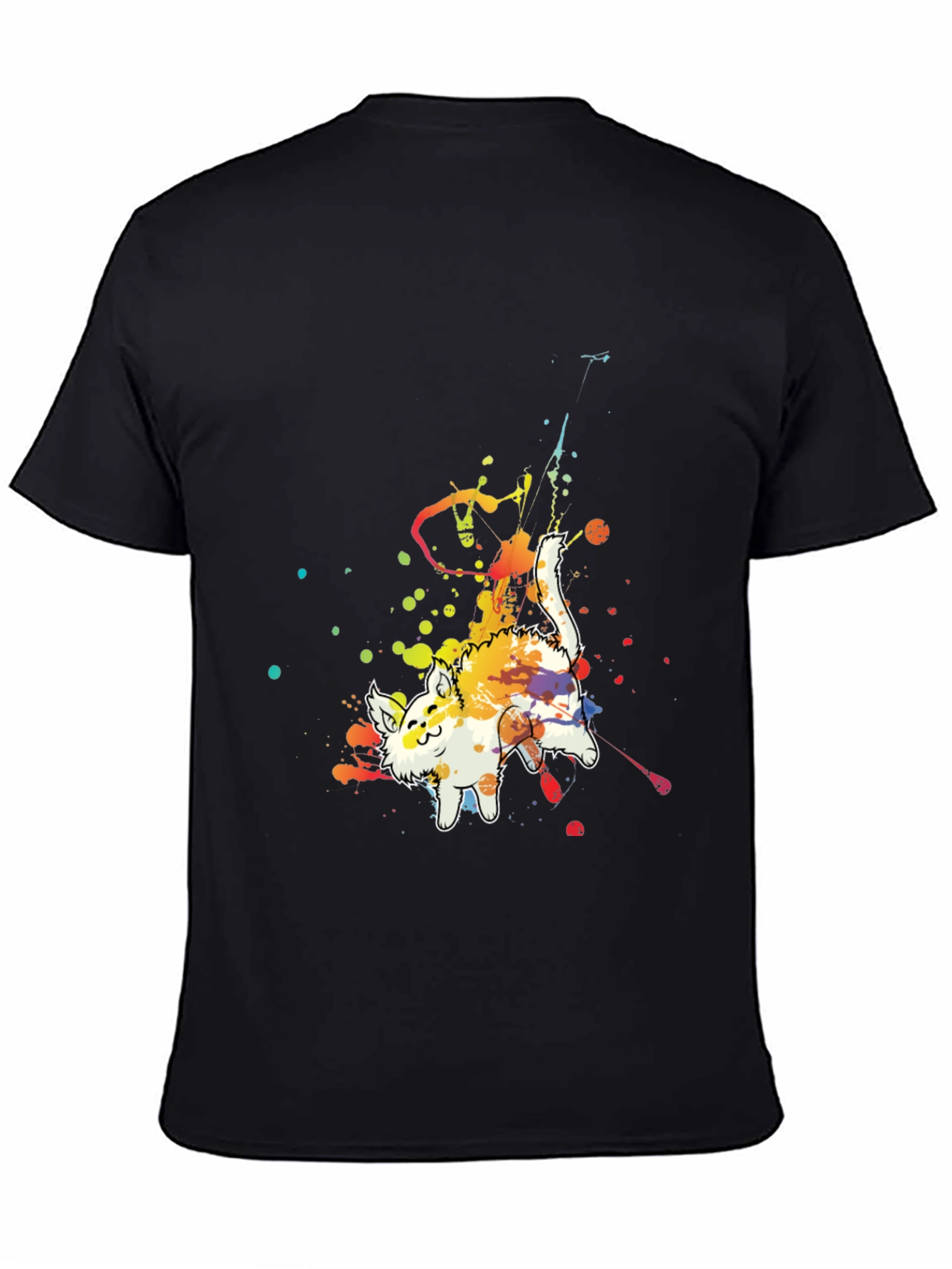 Mens Black T-Shirt with Colorful Cat Graphic