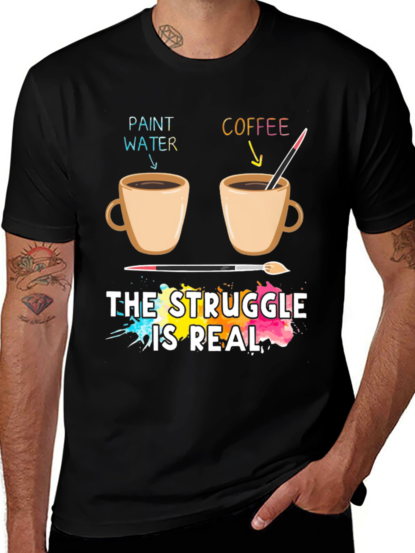 Artists Struggle T-Shirt: Paint Water vs Coffee Funny Graphic Tee