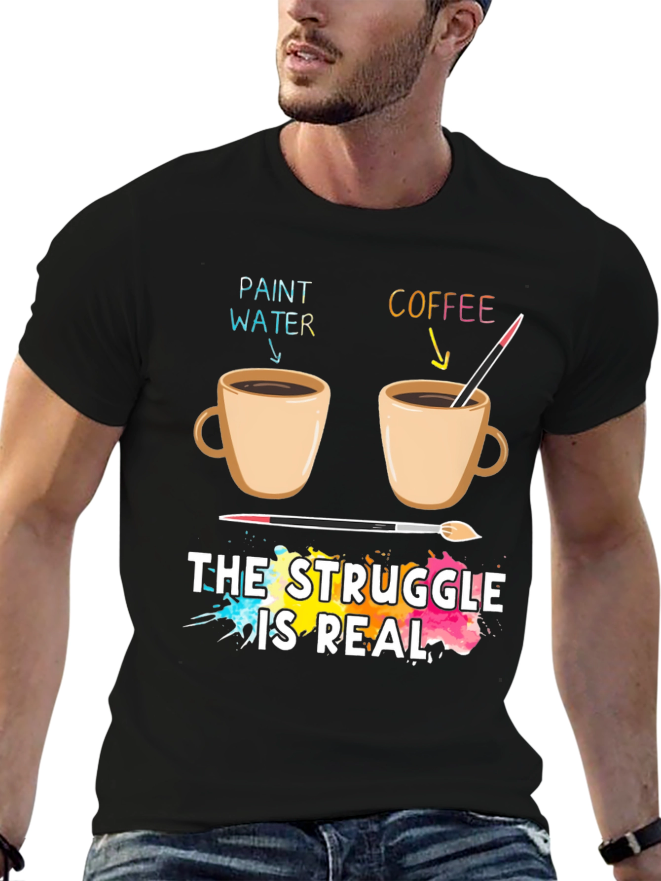 Artists Struggle T-Shirt: Paint Water vs Coffee Funny Graphic Tee