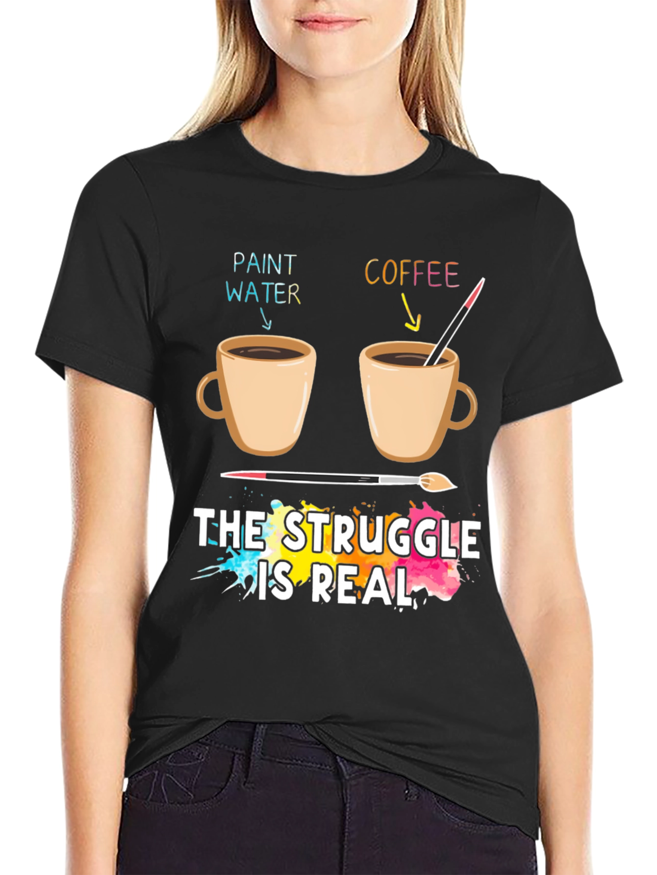 Artists Struggle T-Shirt: Paint Water vs Coffee Funny Graphic Tee