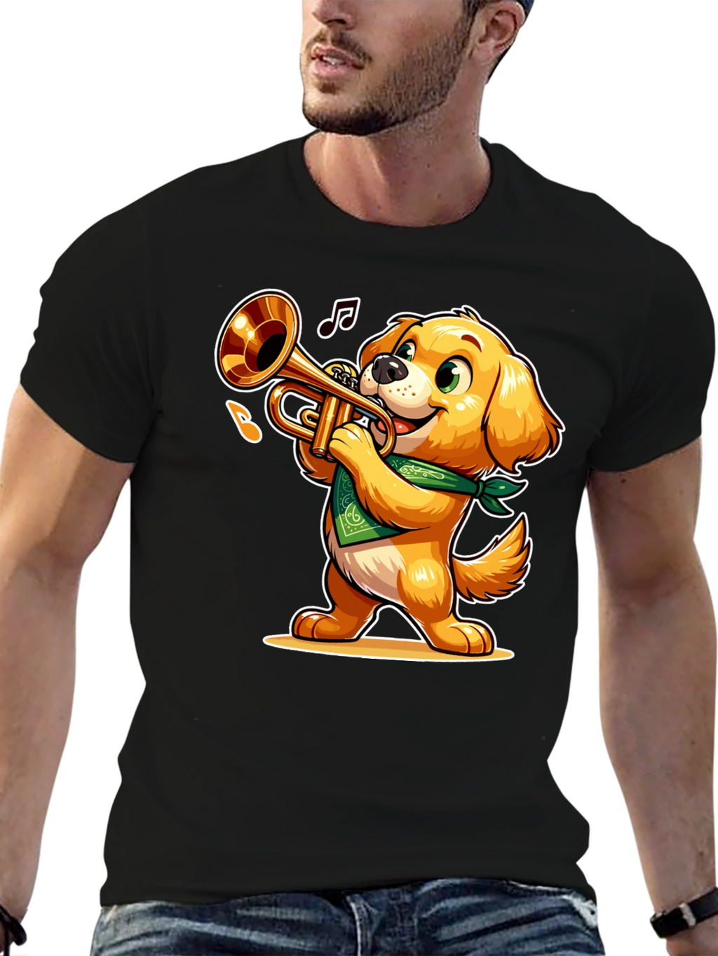 Dog Playing Trumpet T-Shirt - Fun Cartoon Design