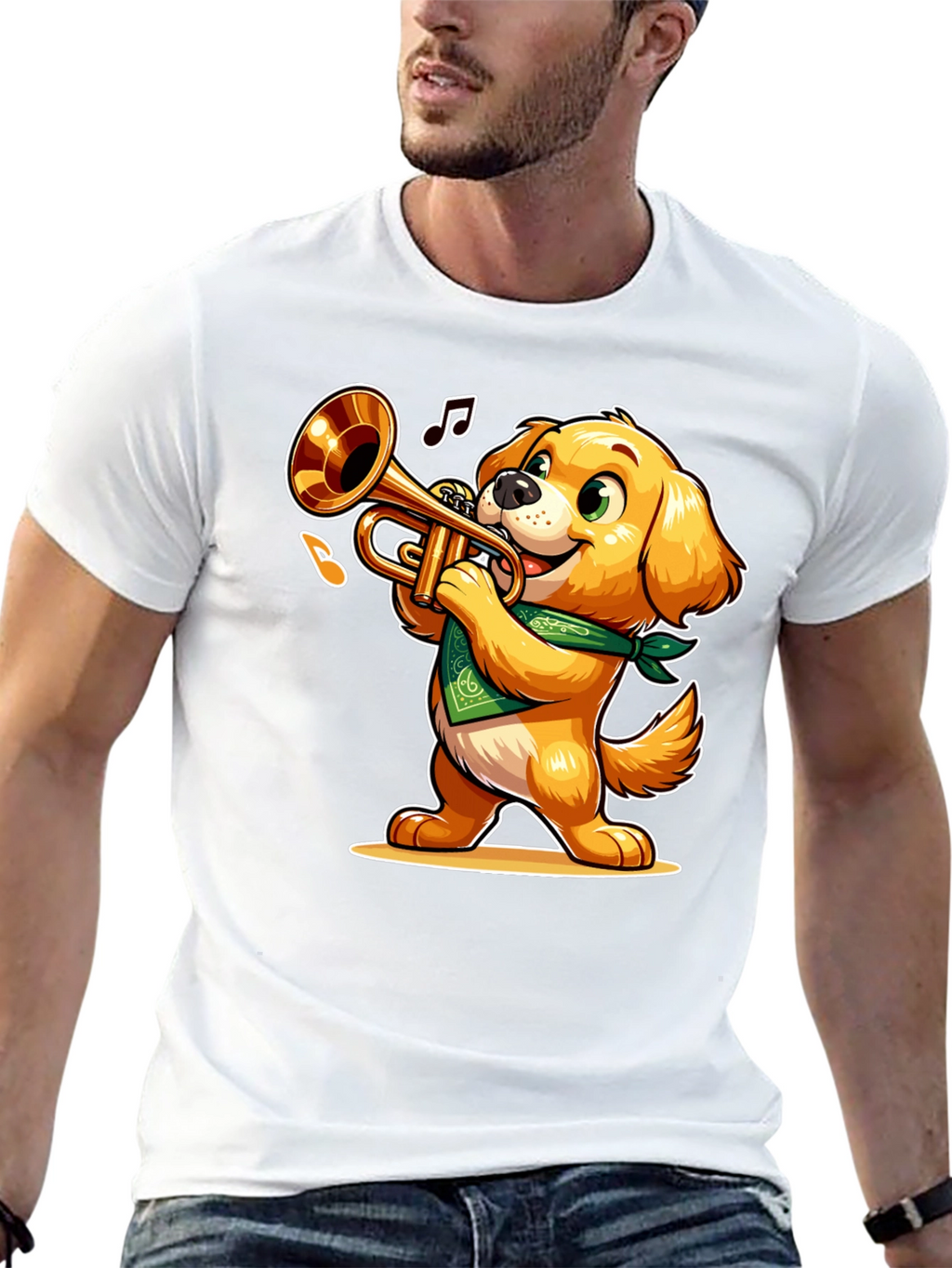 Dog Playing Trumpet T-Shirt - Fun Cartoon Design