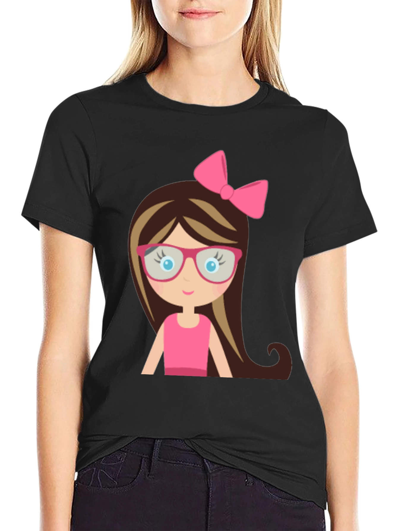 Cute Girl Cartoon Graphic Black T-Shirt