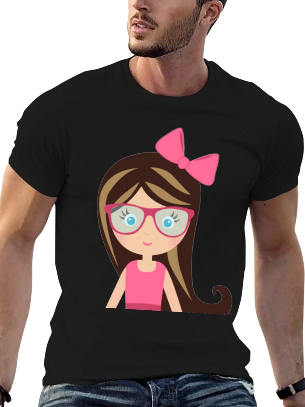 Cute Girl Cartoon Graphic Black T-Shirt