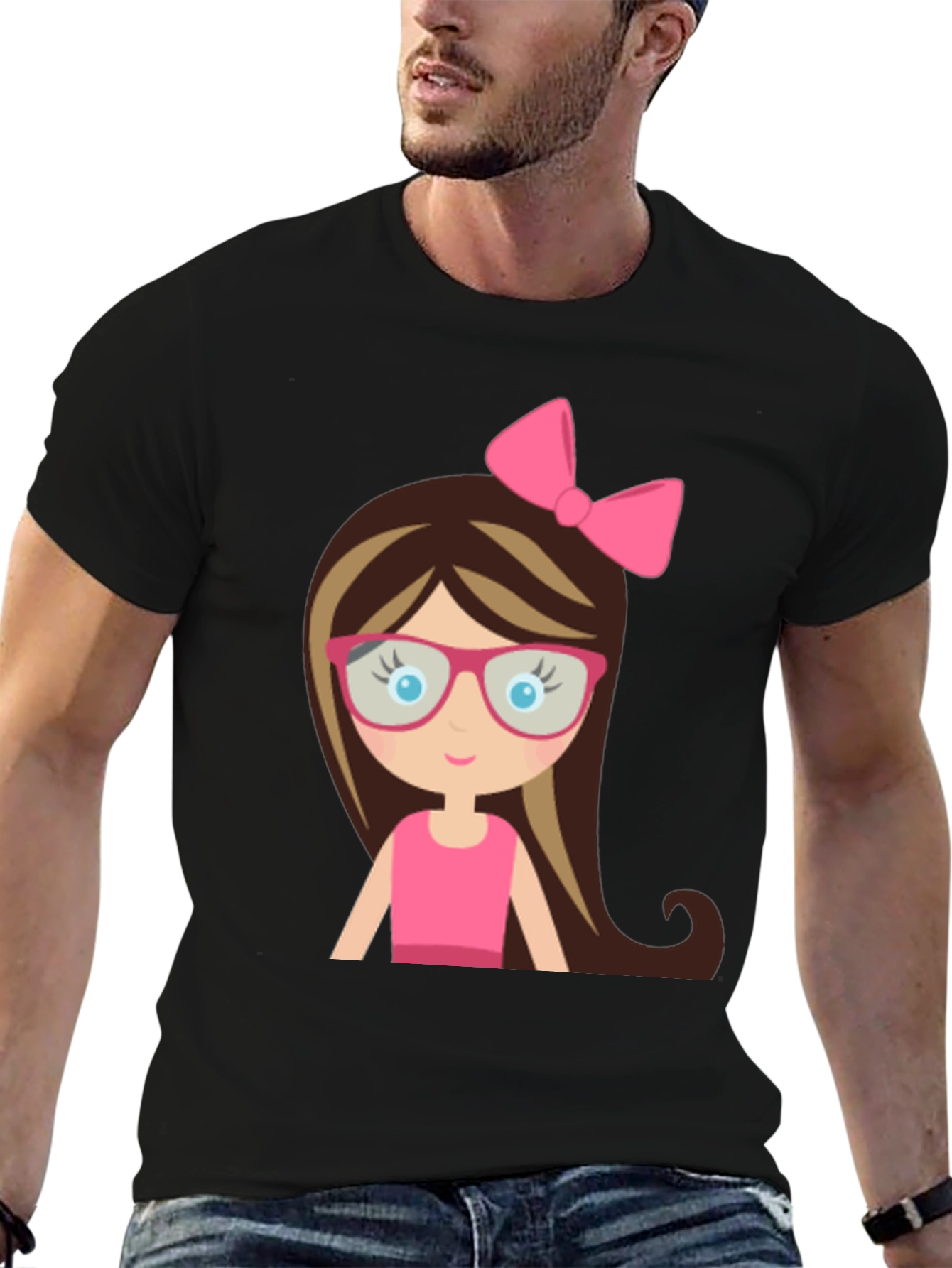 Cute Girl Cartoon Graphic Black T-Shirt