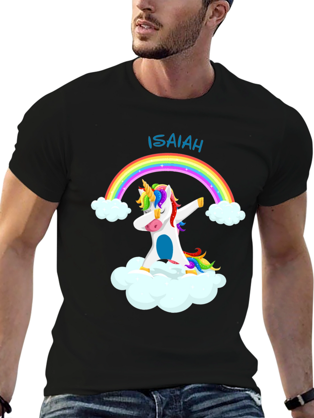 Isaiah Unicorn Rainbow Dab Black T-Shirt