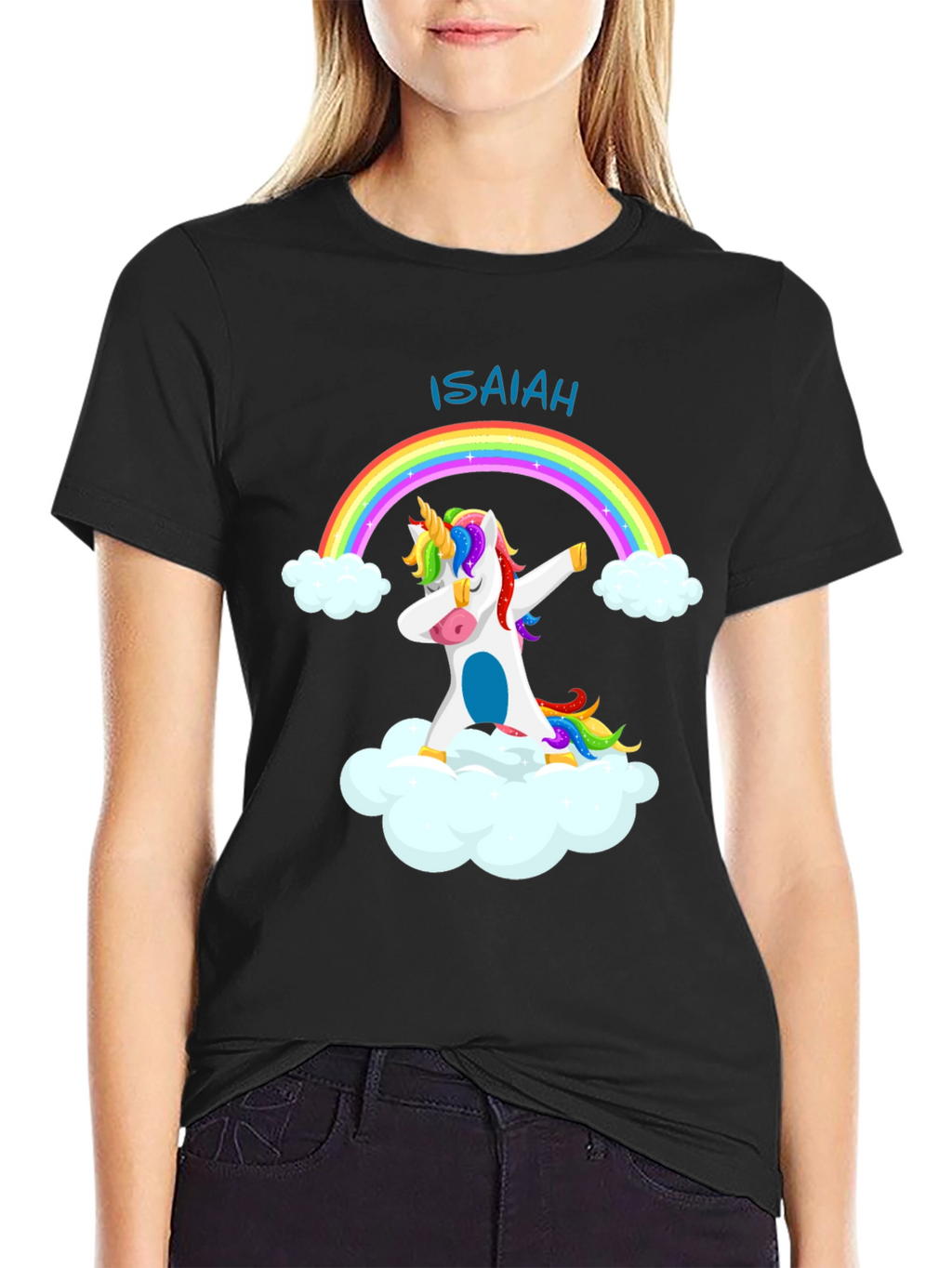 Isaiah Unicorn Rainbow Dab Black T-Shirt