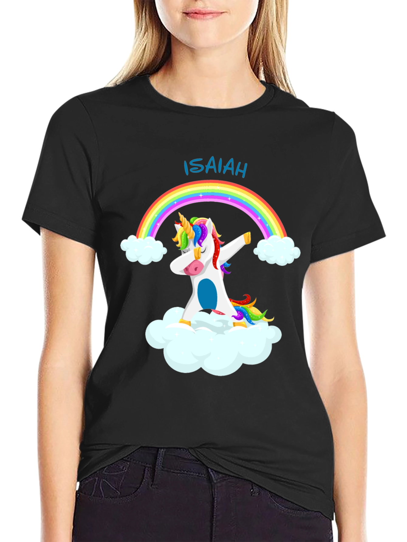 Isaiah Unicorn Rainbow Dab Black T-Shirt