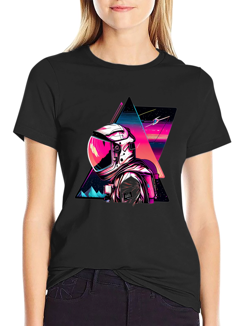 Retro Spaceman Graphic Tee - Black Cotton Blend