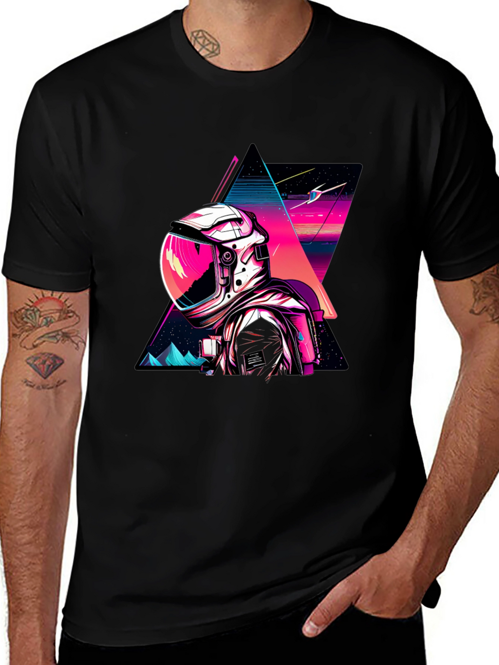 Retro Spaceman Graphic Tee - Black Cotton Blend