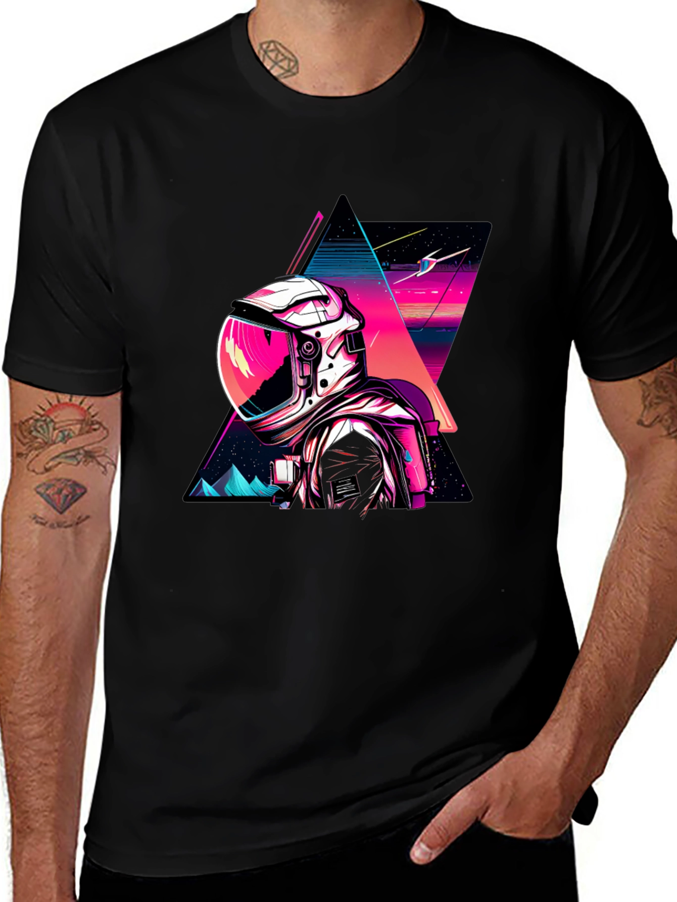 Retro Spaceman Graphic Tee - Black Cotton Blend