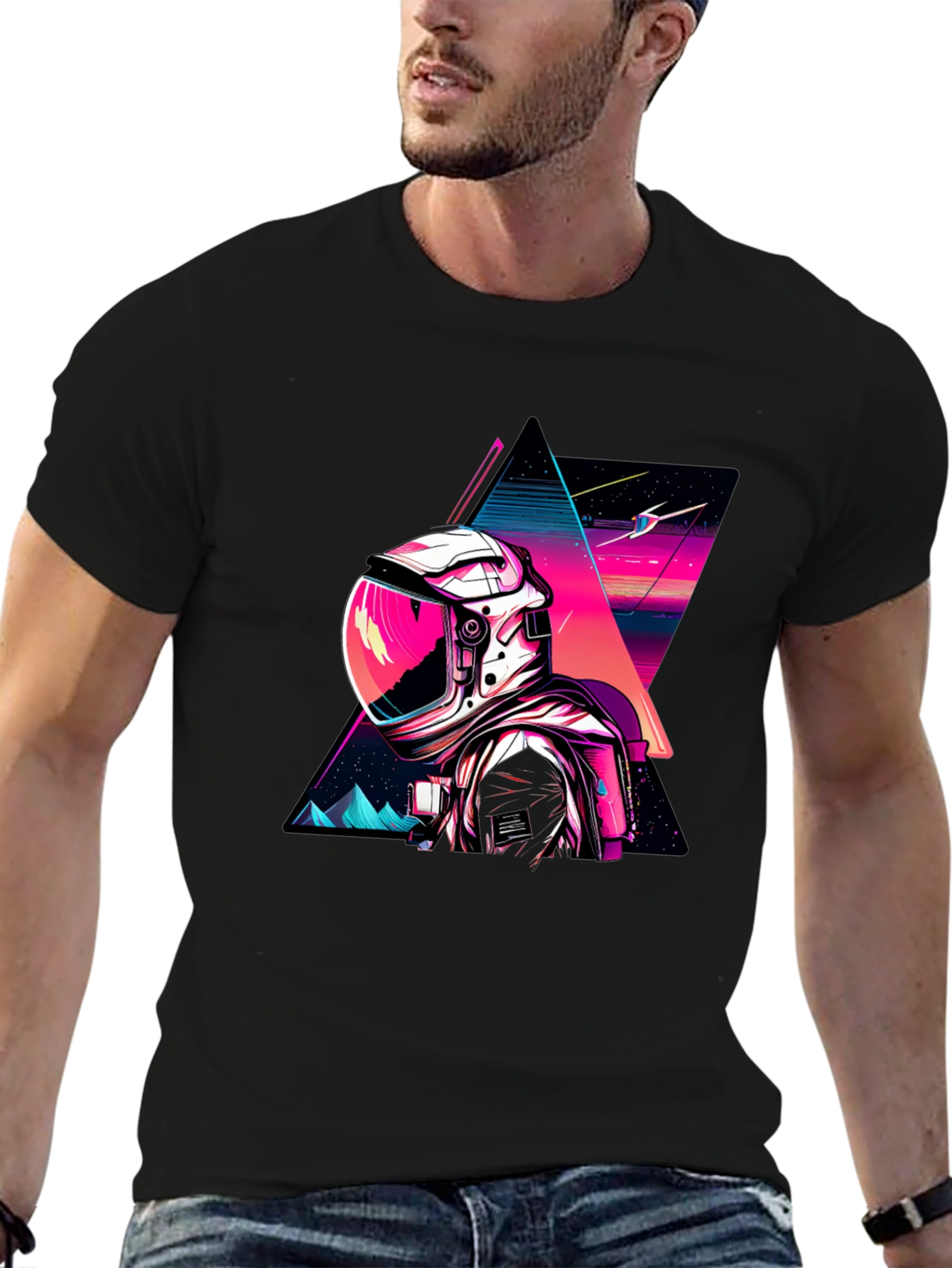 Retro Spaceman Graphic Tee - Black Cotton Blend