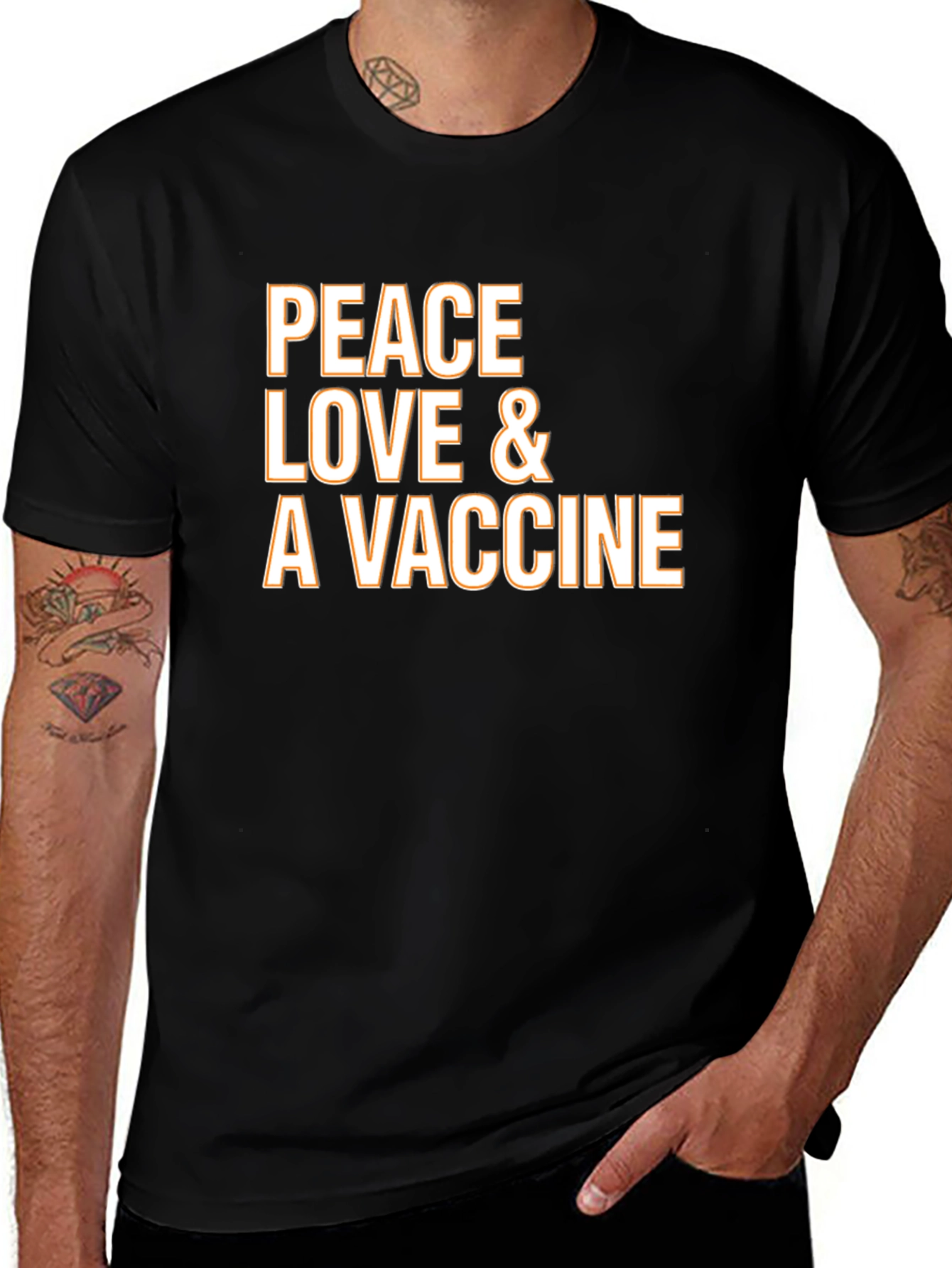 Peace Love Vaccine T-Shirt - Black Crew Neck