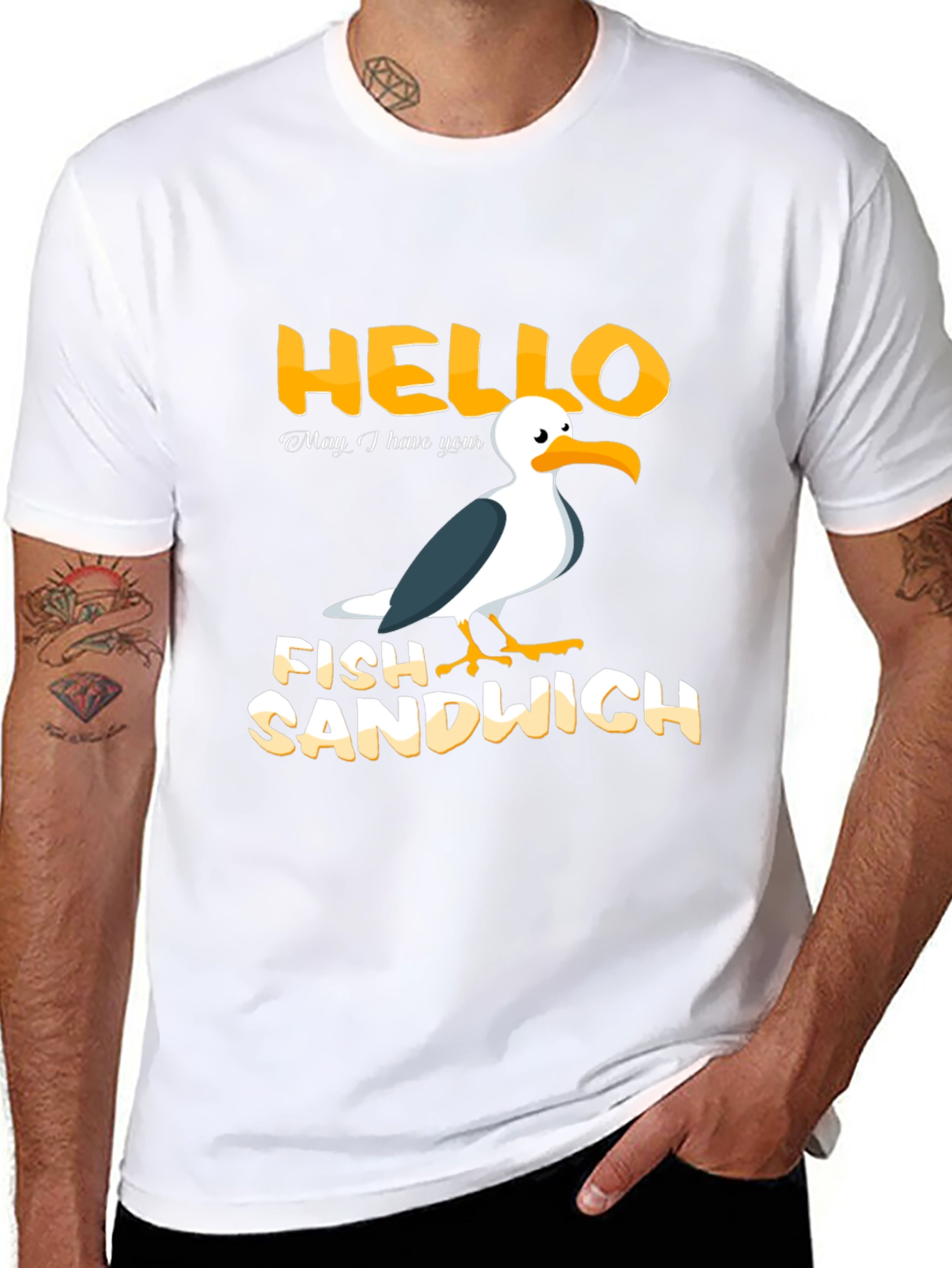 Hello Fish Sandwich T-Shirt Funny Seagull Humor Tee