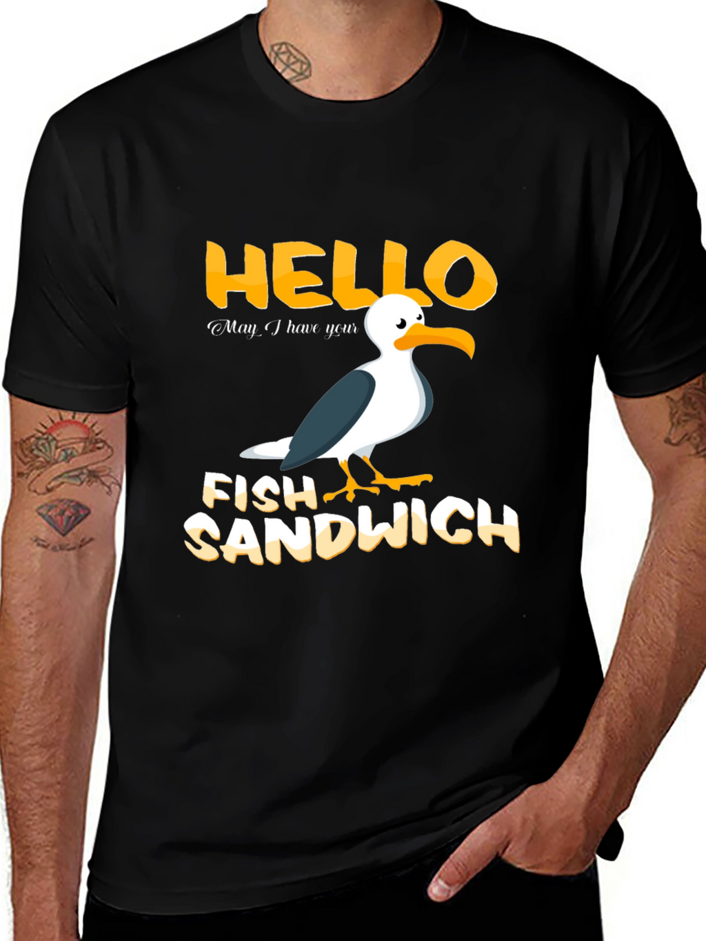 Hello Fish Sandwich T-Shirt Funny Seagull Humor Tee