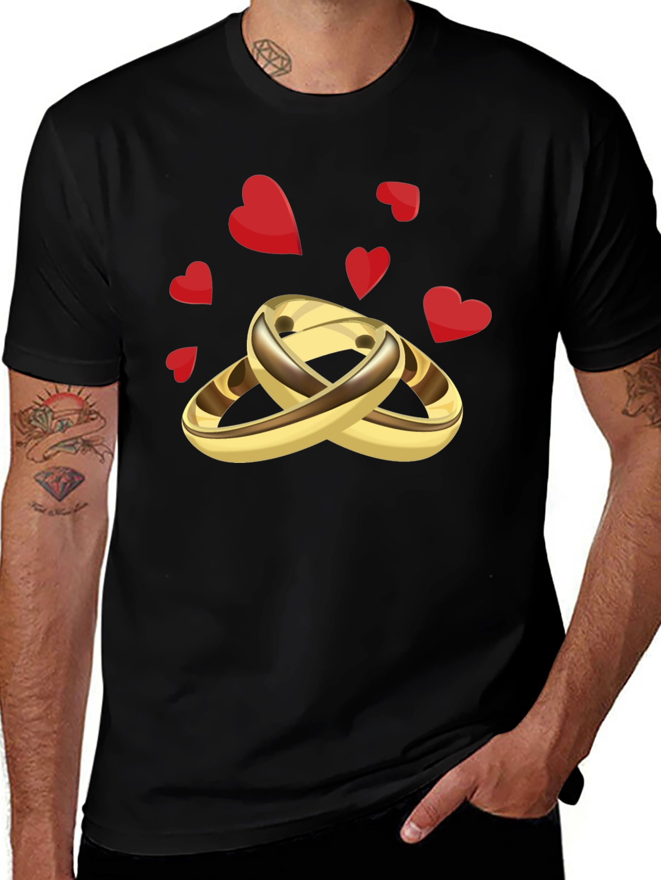 Golden Wedding Rings & Hearts Graphic Tee - Stylish & Unique