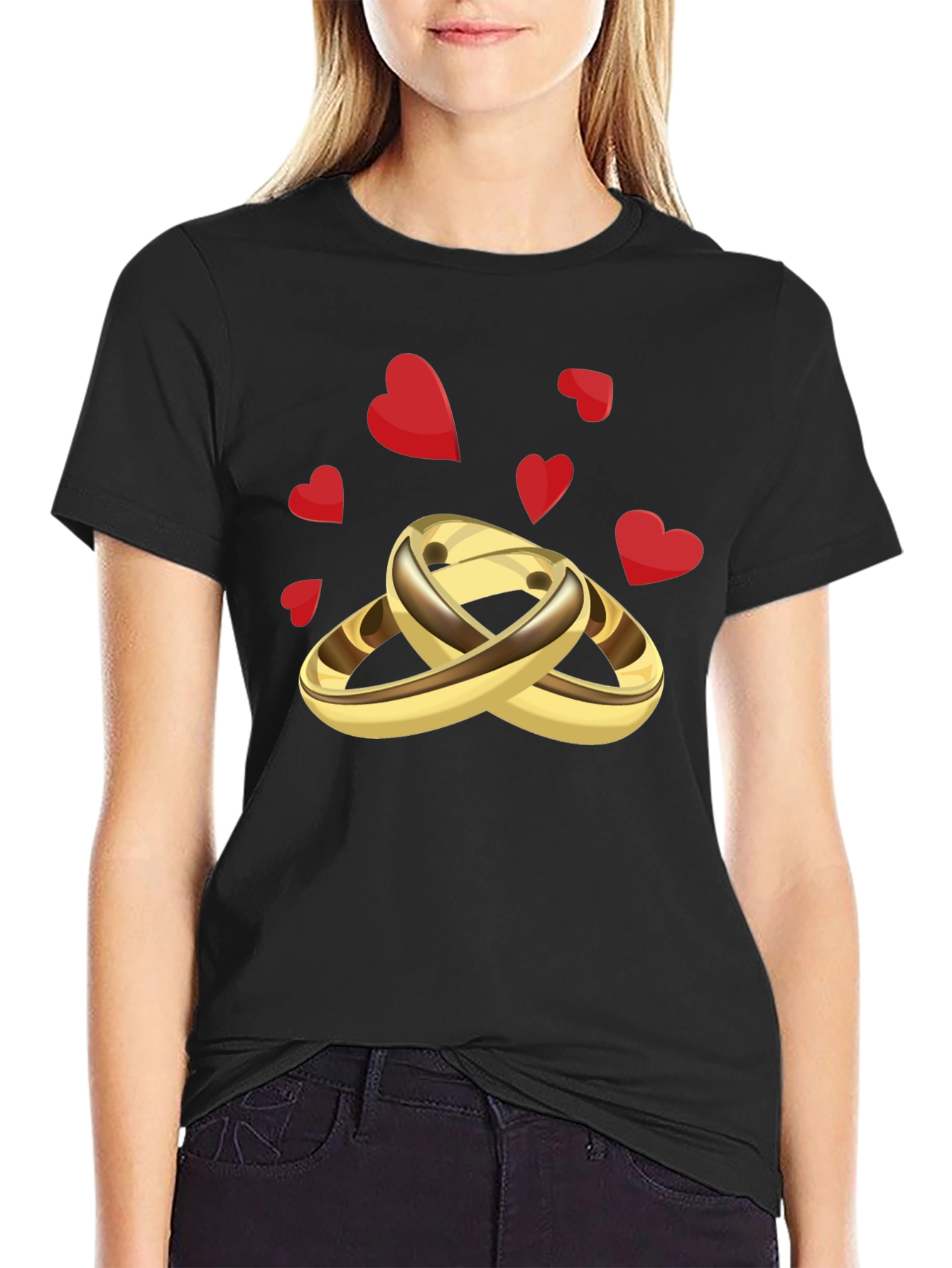 Golden Wedding Rings & Hearts Graphic Tee - Stylish & Unique