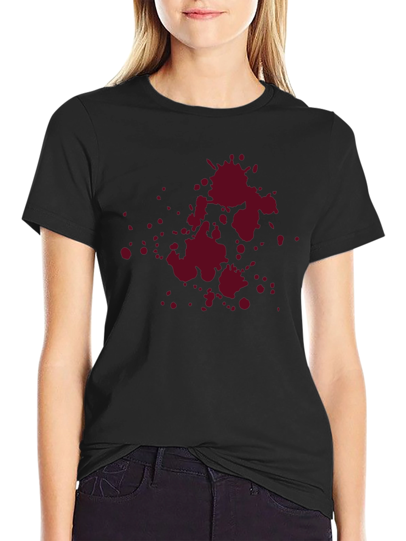 Maroon Splatter Graphic Black T-Shirt