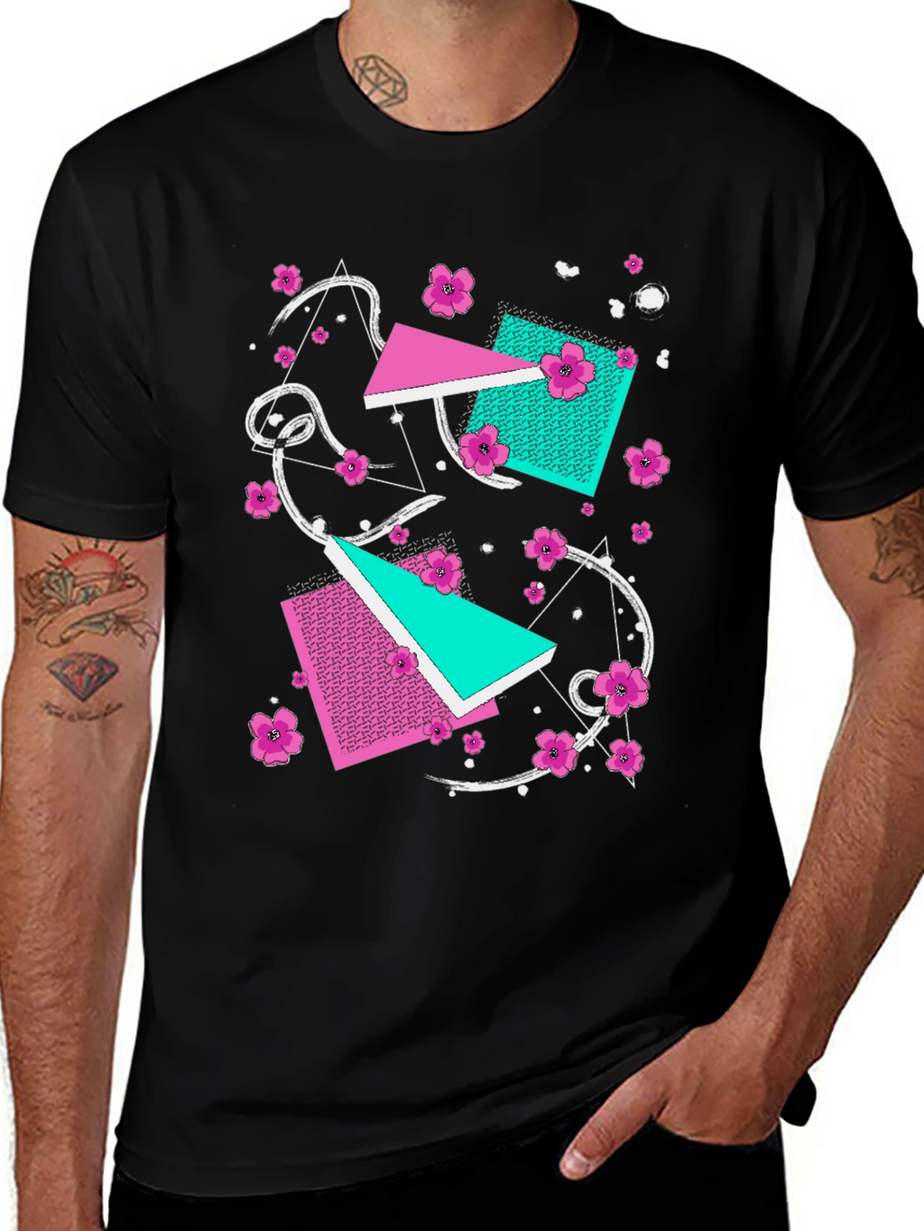 Vaporwave Floral Geometric Graphic T-Shirt