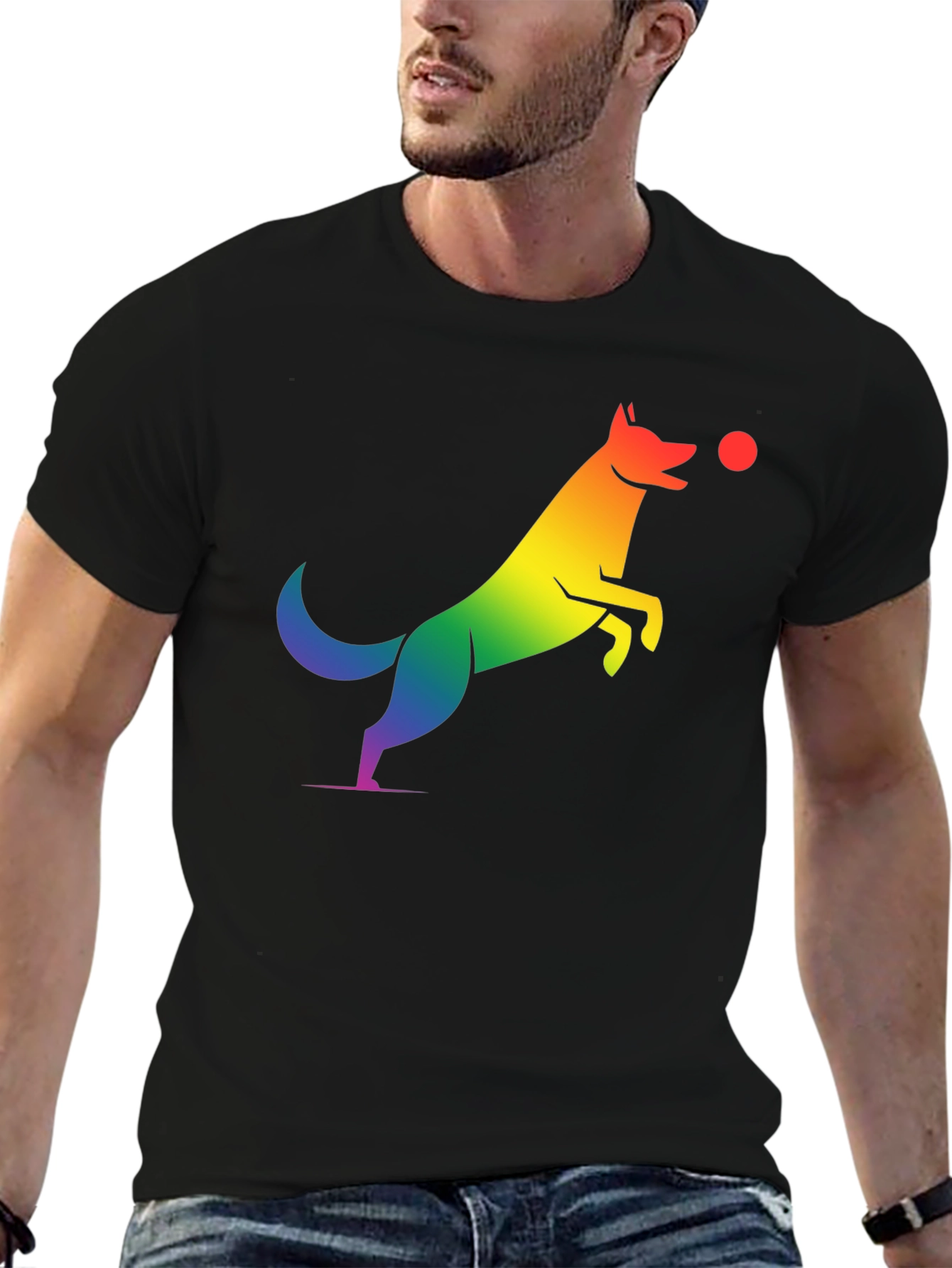 Rainbow Dog Catching Ball Graphic T-Shirt