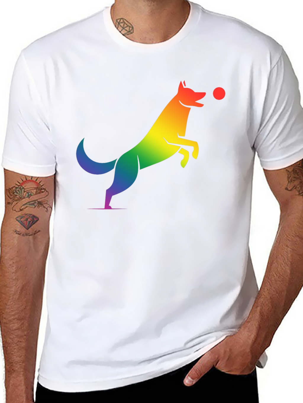 Rainbow Dog Catching Ball Graphic T-Shirt