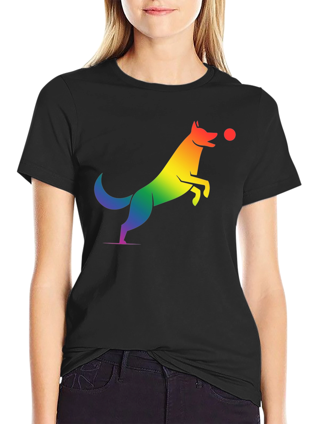 Rainbow Dog Catching Ball Graphic T-Shirt