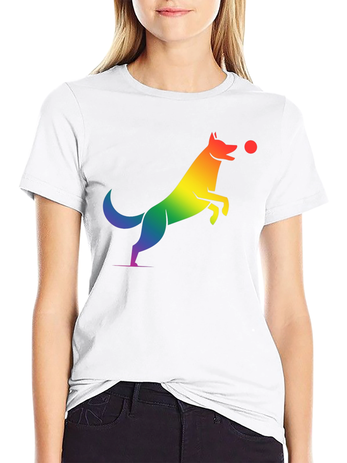 Rainbow Dog Catching Ball Graphic T-Shirt