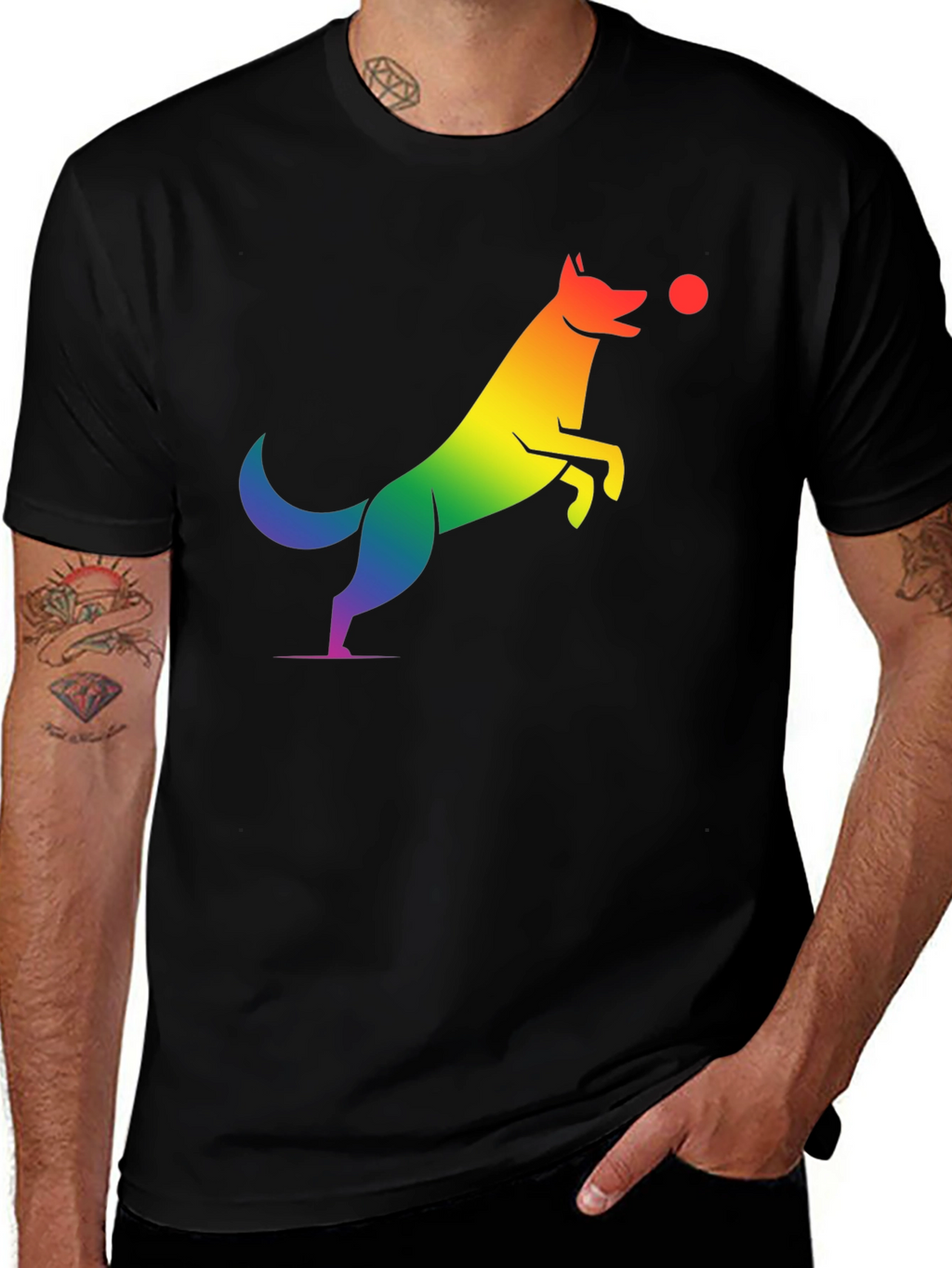 Rainbow Dog Catching Ball Graphic T-Shirt