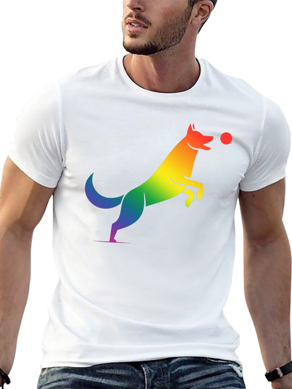 Rainbow Dog Catching Ball Graphic T-Shirt