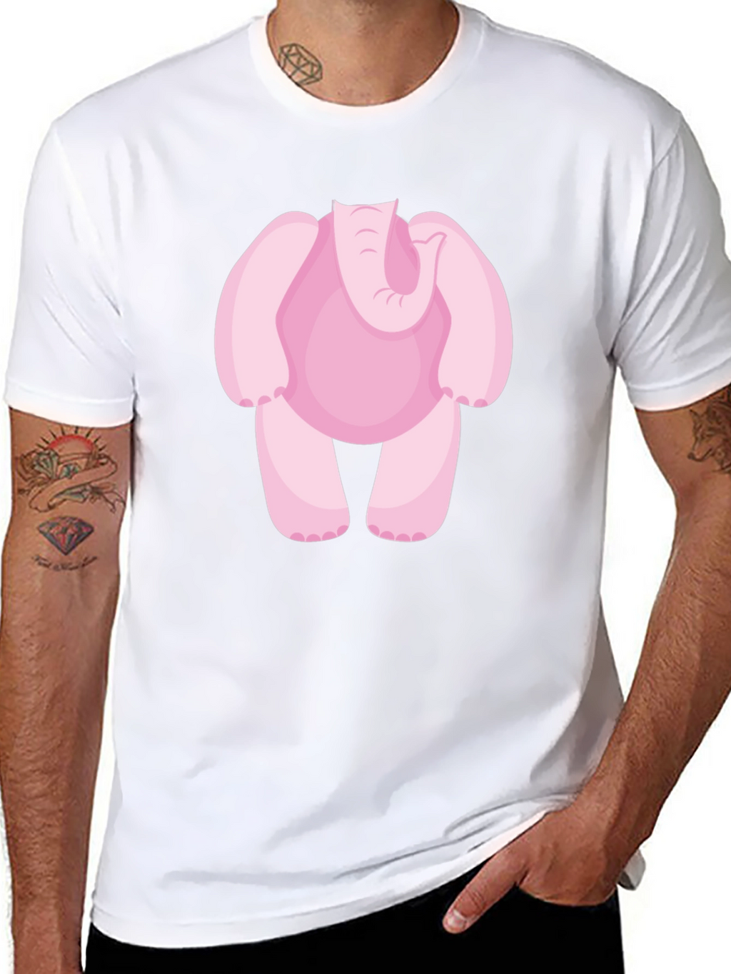Pink Elephant Cartoon Black T-Shirt