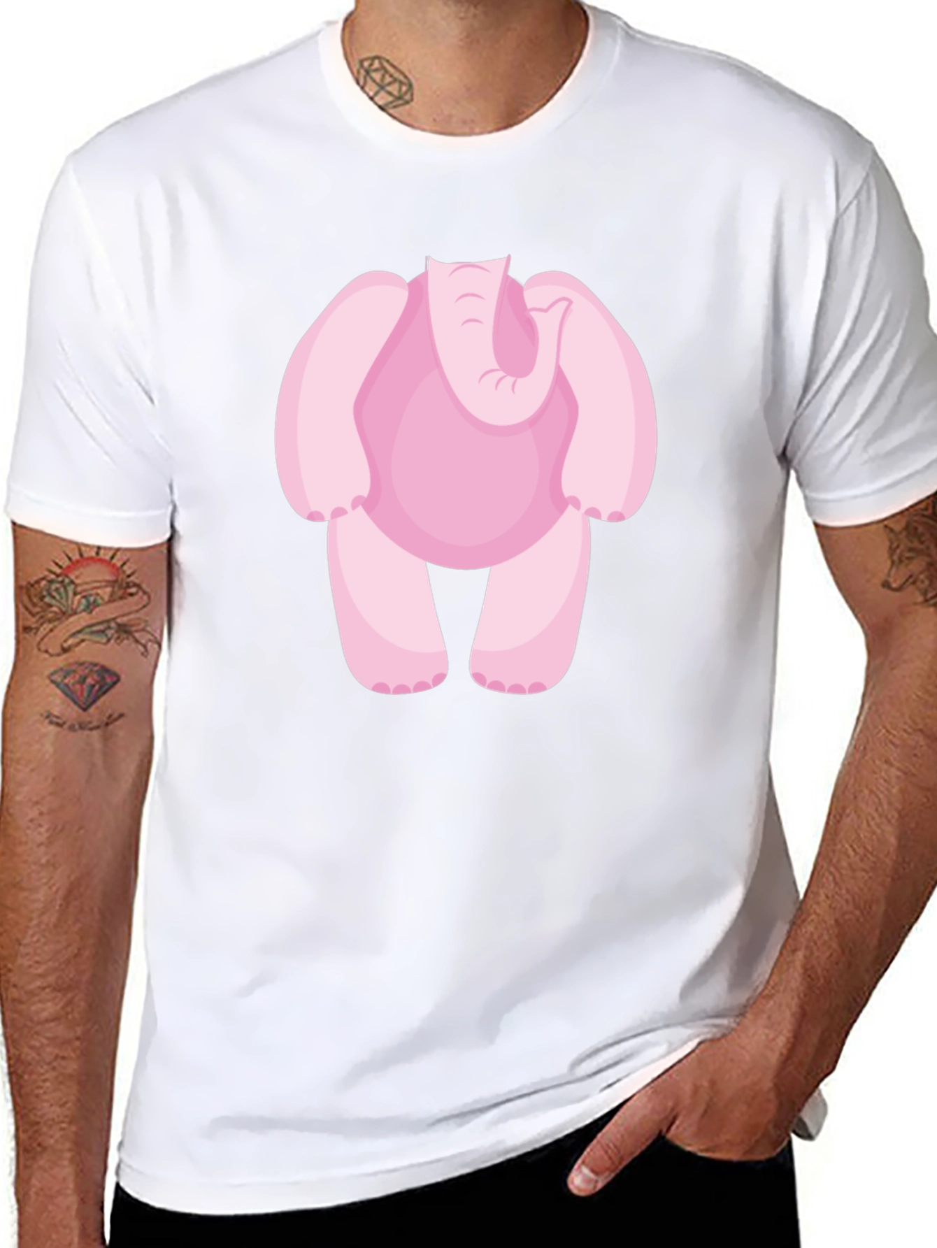 Pink Elephant Cartoon Black T-Shirt