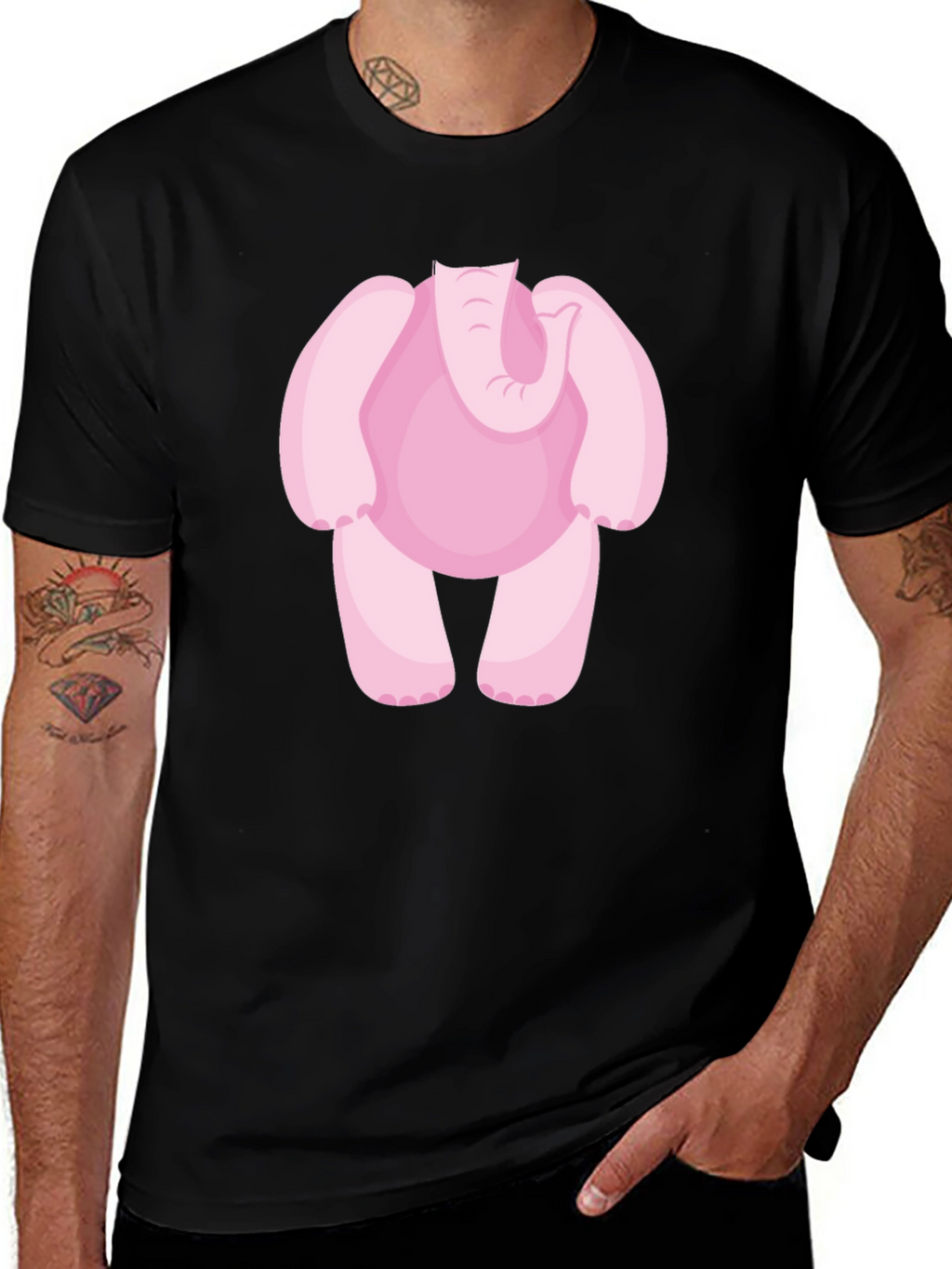 Pink Elephant Cartoon Black T-Shirt