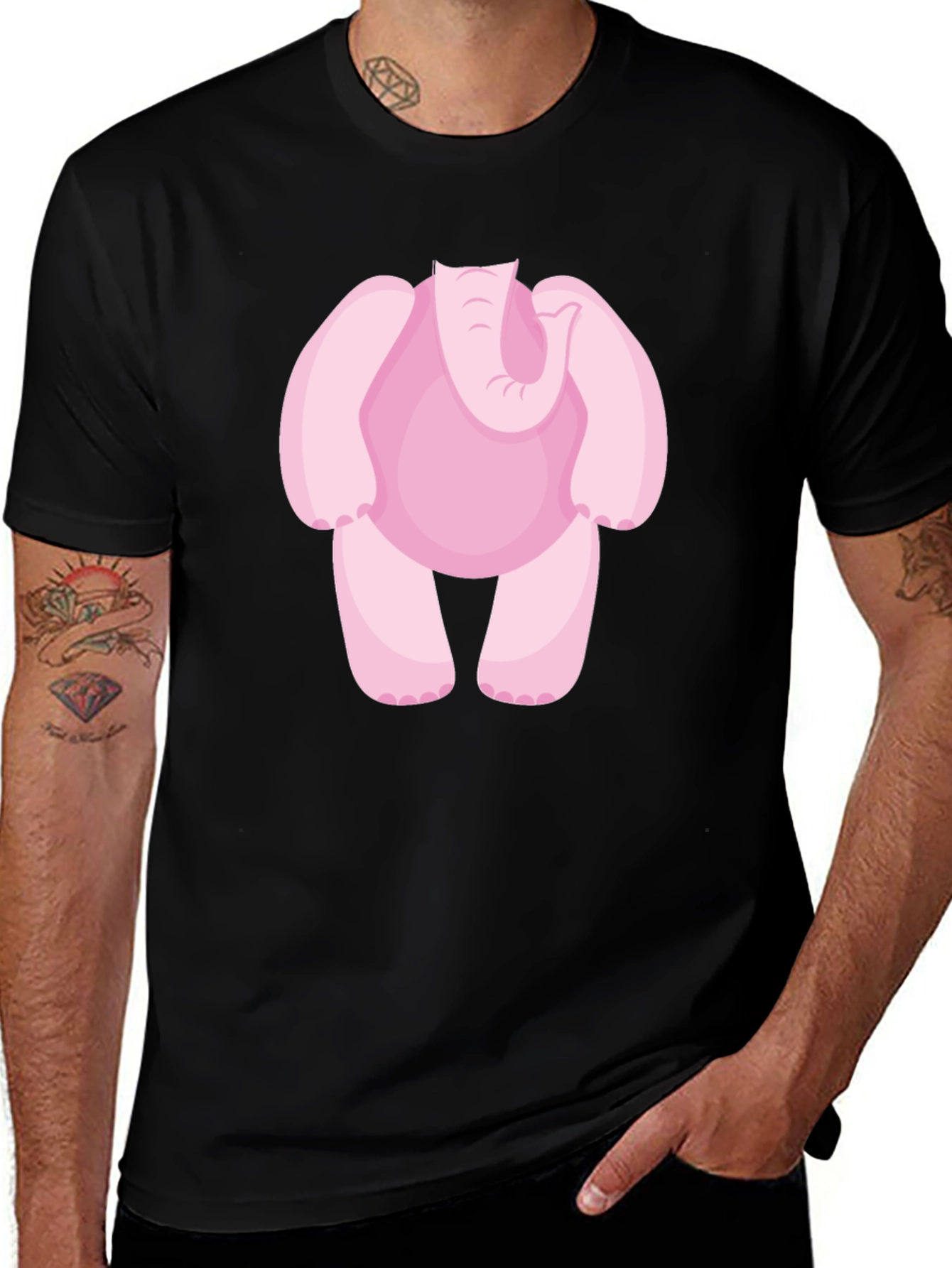 Pink Elephant Cartoon Black T-Shirt