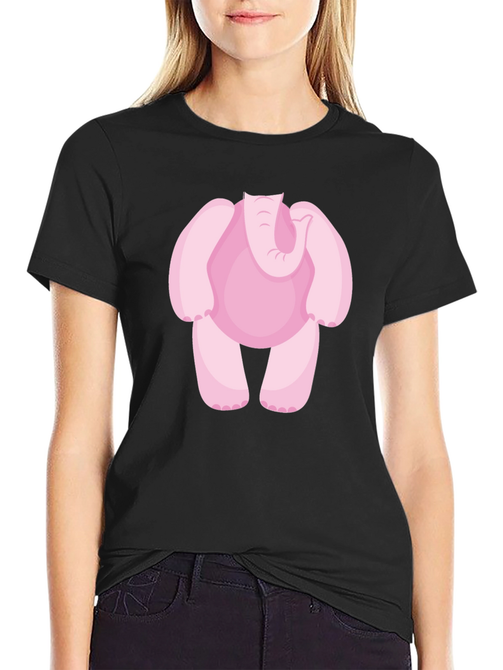 Pink Elephant Cartoon Black T-Shirt