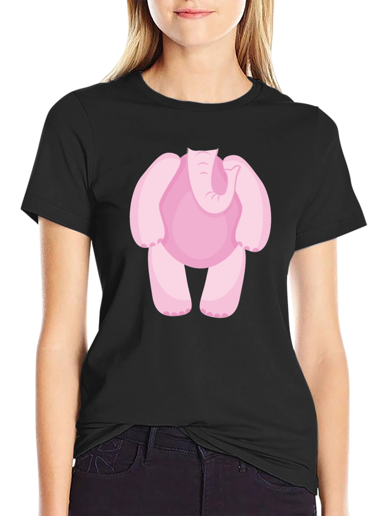 Pink Elephant Cartoon Black T-Shirt