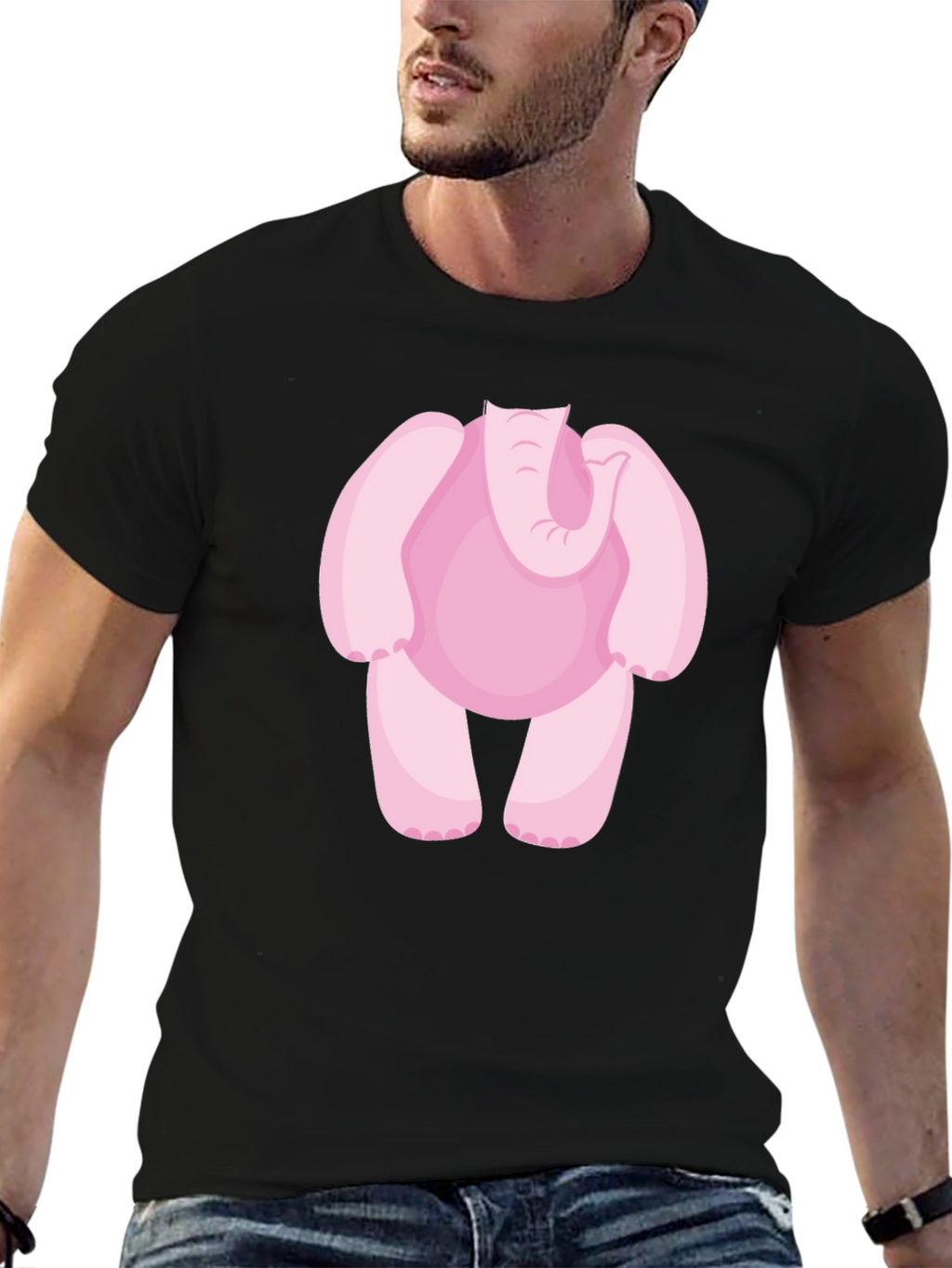 Pink Elephant Cartoon Black T-Shirt