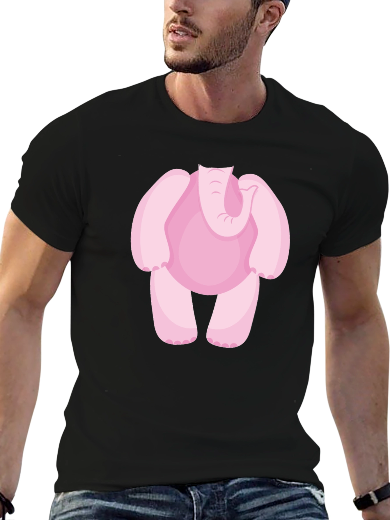 Pink Elephant Cartoon Black T-Shirt