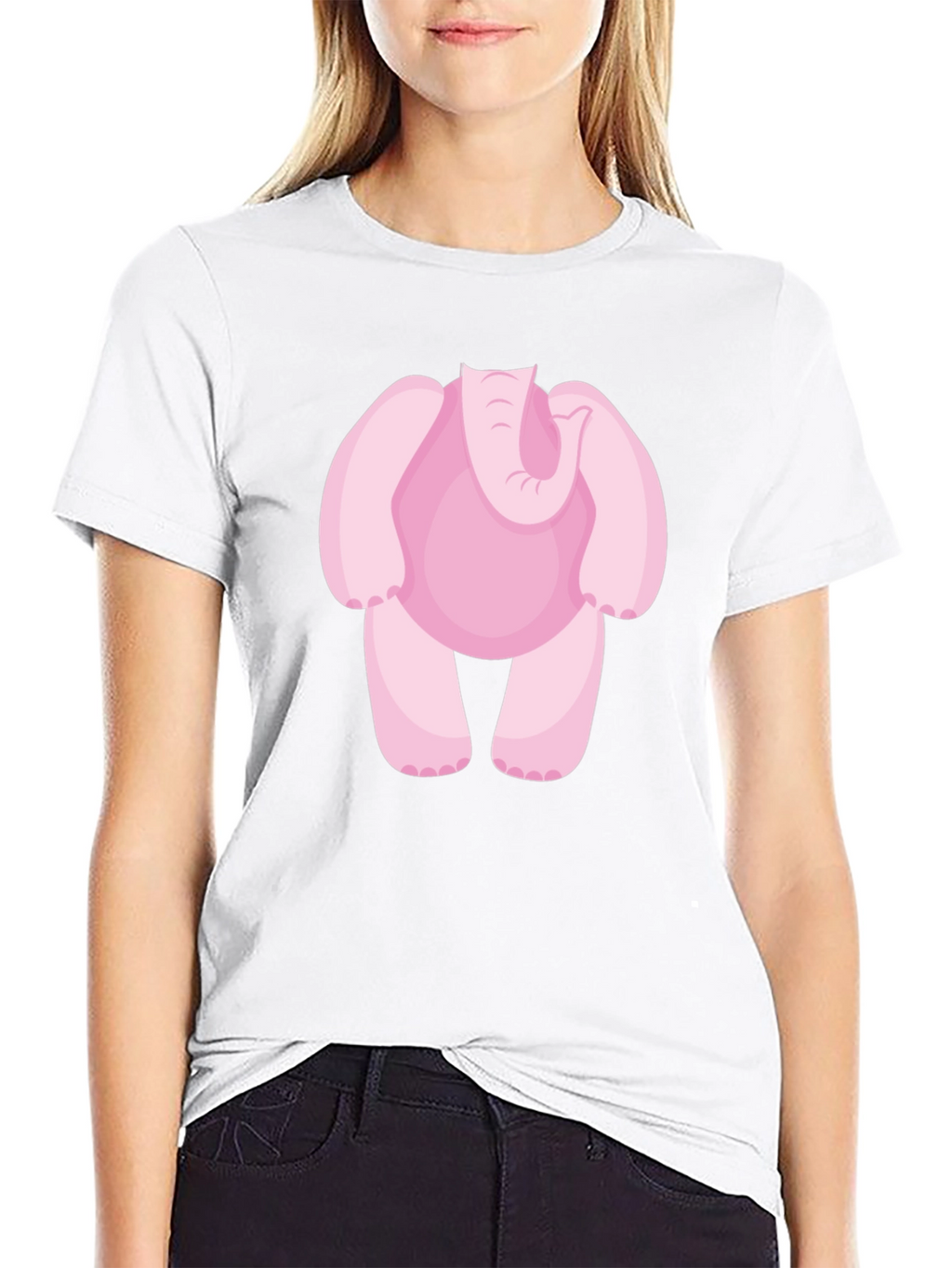 Pink Elephant Cartoon Black T-Shirt