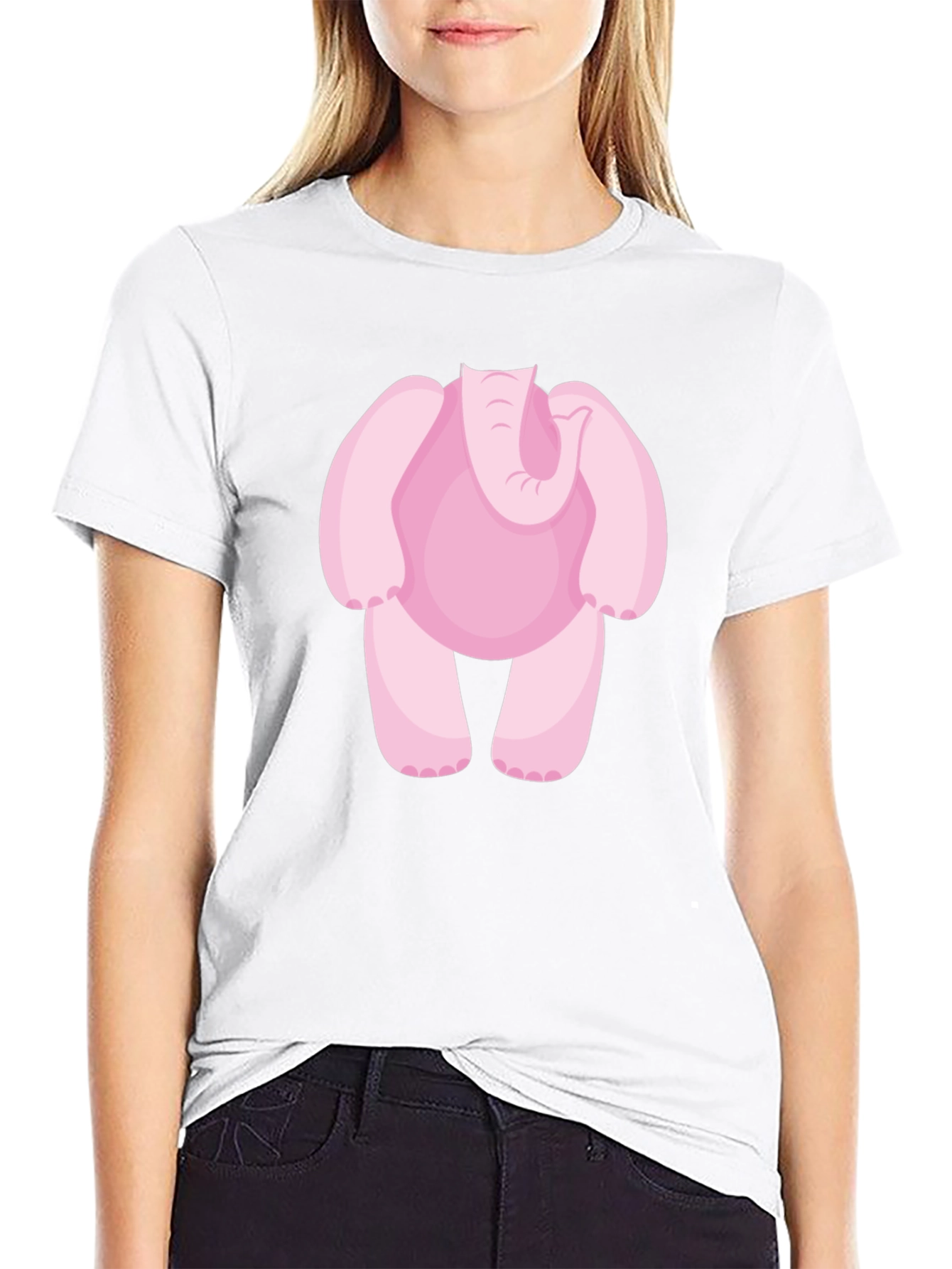 Pink Elephant Cartoon Black T-Shirt