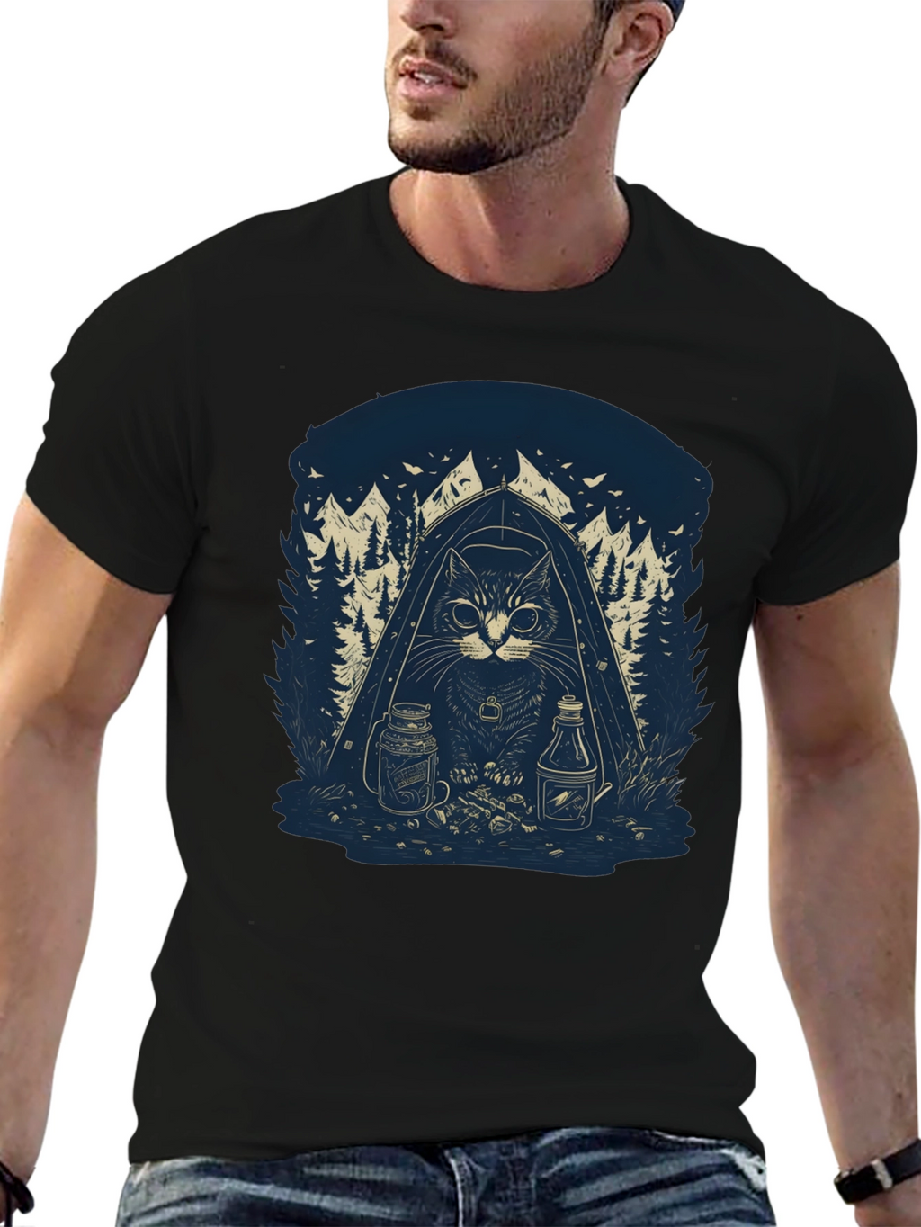 Camping Cat Graphic T-Shirt - Black