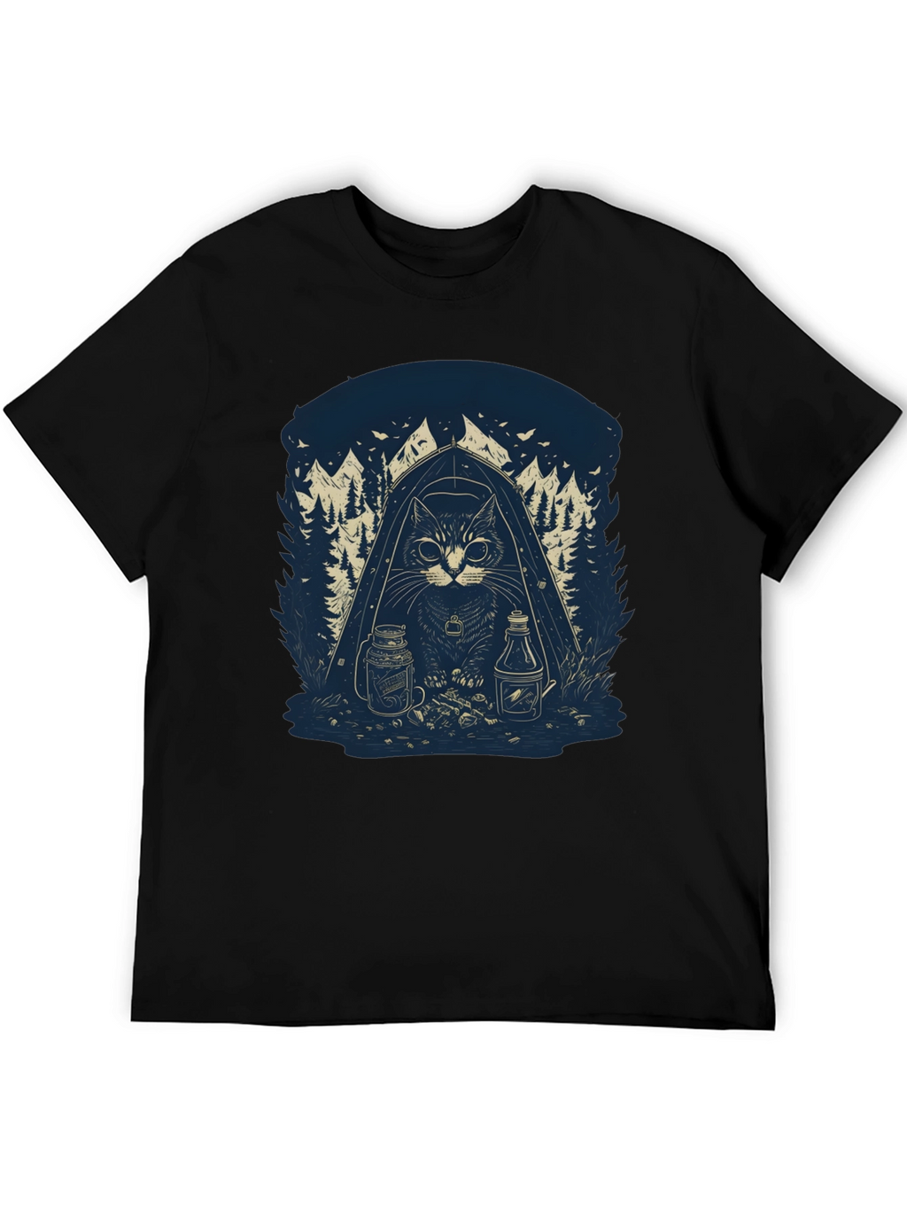 Camping Cat Graphic T-Shirt - Black