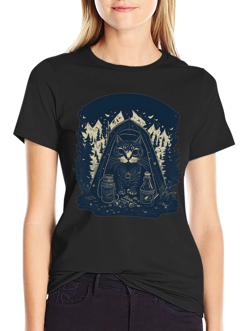 Camping Cat Graphic T-Shirt - Black