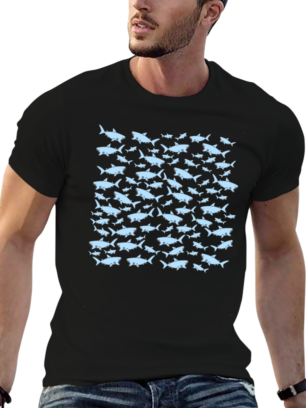 Shark Pattern Black T-Shirt
