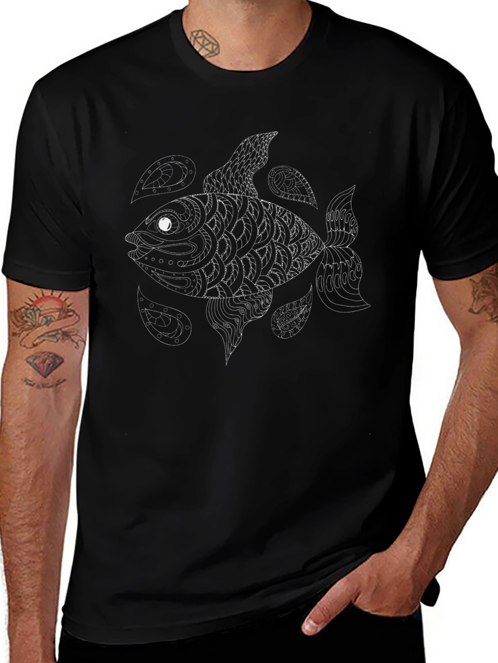 Abstract Fish Graphic Tee - Black